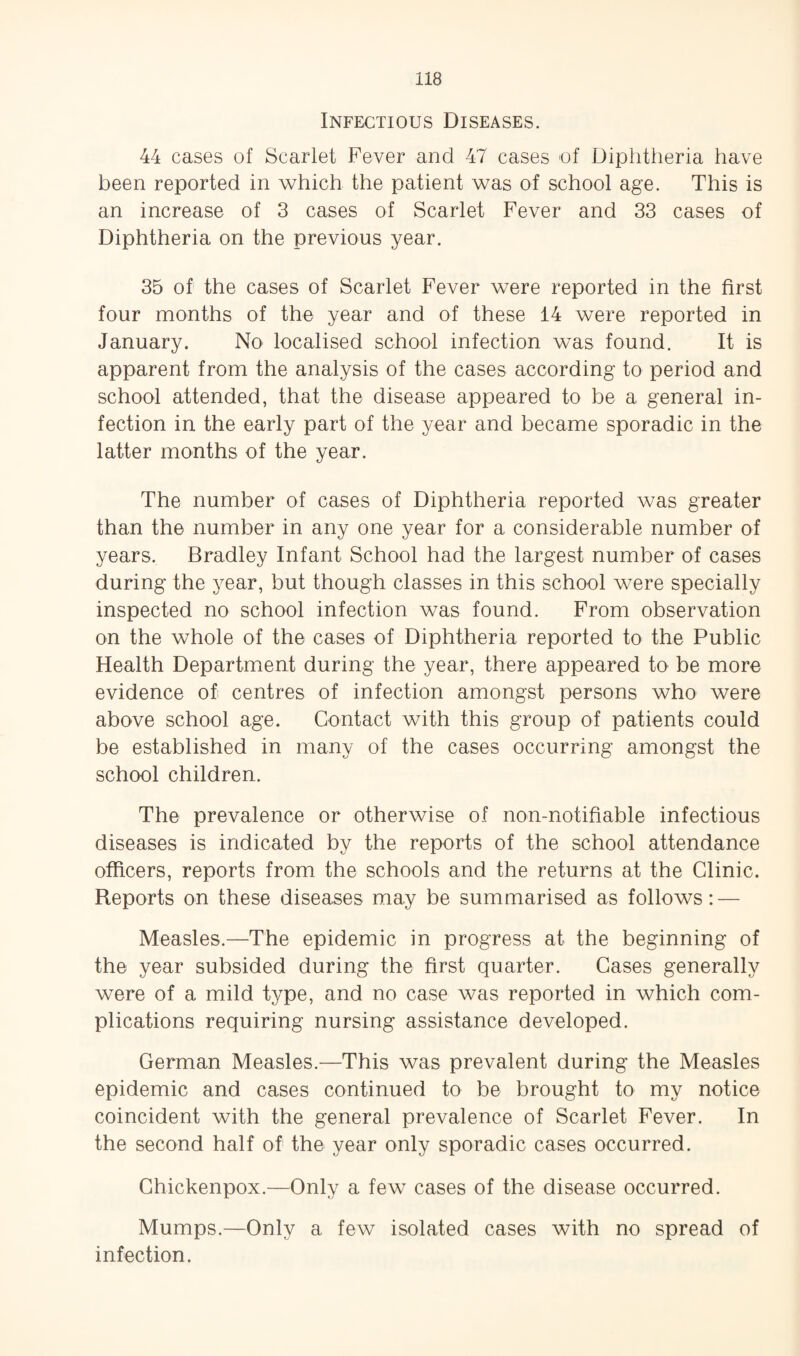 Infectious Diseases. 44 cases of Scarlet Fever and 47 cases of Diphtheria have been reported in which the patient was of school age. This is an increase of 3 cases of Scarlet Fever and 33 cases of Diphtheria on the previous year. 35 of the cases of Scarlet Fever were reported in the first four months of the year and of these 14 were reported in January. No localised school infection was found. It is apparent from the analysis of the cases according to period and school attended, that the disease appeared to be a general in¬ fection in the early part of the year and became sporadic in the latter months of the year. The number of cases of Diphtheria reported was greater than the number in any one year for a considerable number of years. Bradley Infant School had the largest number of cases during the year, but though classes in this school were specially inspected no school infection was found. From observation on the whole of the cases of Diphtheria reported to the Public Health Department during the year, there appeared to be more evidence of centres of infection amongst persons who were above school age. Contact with this group of patients could be established in many of the cases occurring amongst the school children. The prevalence or otherwise of non-notifiable infectious diseases is indicated by the reports of the school attendance officers, reports from the schools and the returns at the Clinic. Reports on these diseases may be summarised as follows: — Measles.—The epidemic in progress at the beginning of the year subsided during the first quarter. Cases generally were of a mild type, and no case was reported in which com¬ plications requiring nursing assistance developed. German Measles.—This was prevalent during the Measles epidemic and cases continued to be brought to my notice coincident with the general prevalence of Scarlet Fever. In the second half of the year only sporadic cases occurred. Chickenpox.—Only a few cases of the disease occurred. Mumps.—Only a few isolated cases with no spread of infection.