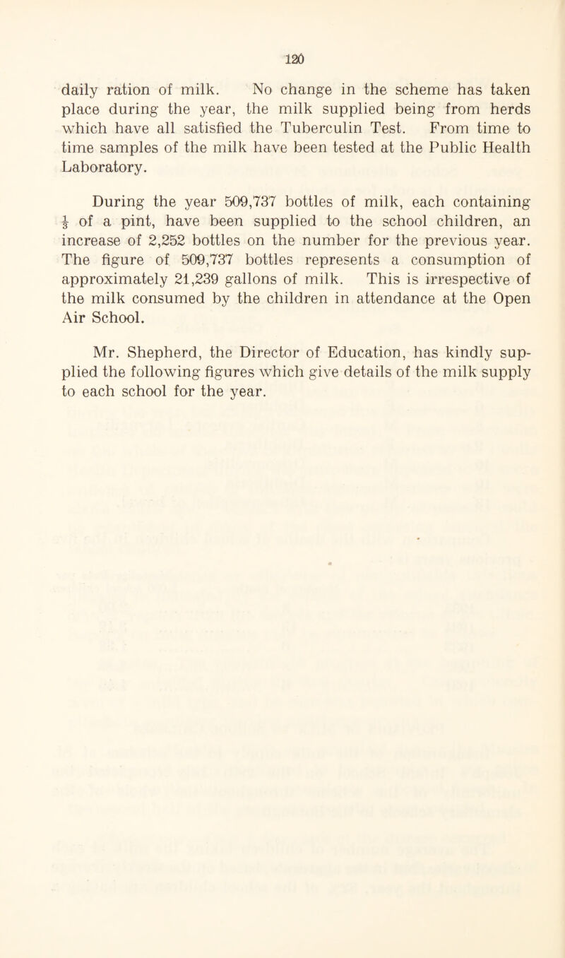 daily ration of milk. No change in the scheme has taken place during the year, the milk supplied being from herds which have all satisfied the Tuberculin Test. From time to time samples of the milk have been tested at the Public Health Laboratory. During the year 509,737 bottles of milk, each containing J of a pint, have been supplied to the school children, an increase of 2,252 bottles on the number for the previous year. The figure of 509,737 bottles represents a consumption of approximately 21,239 gallons of milk. This is irrespective of the milk consumed by the children in attendance at the Open Air School. Mr. Shepherd, the Director of Education, has kindly sup¬ plied the following figures which give details of the milk supply to each school for the year.