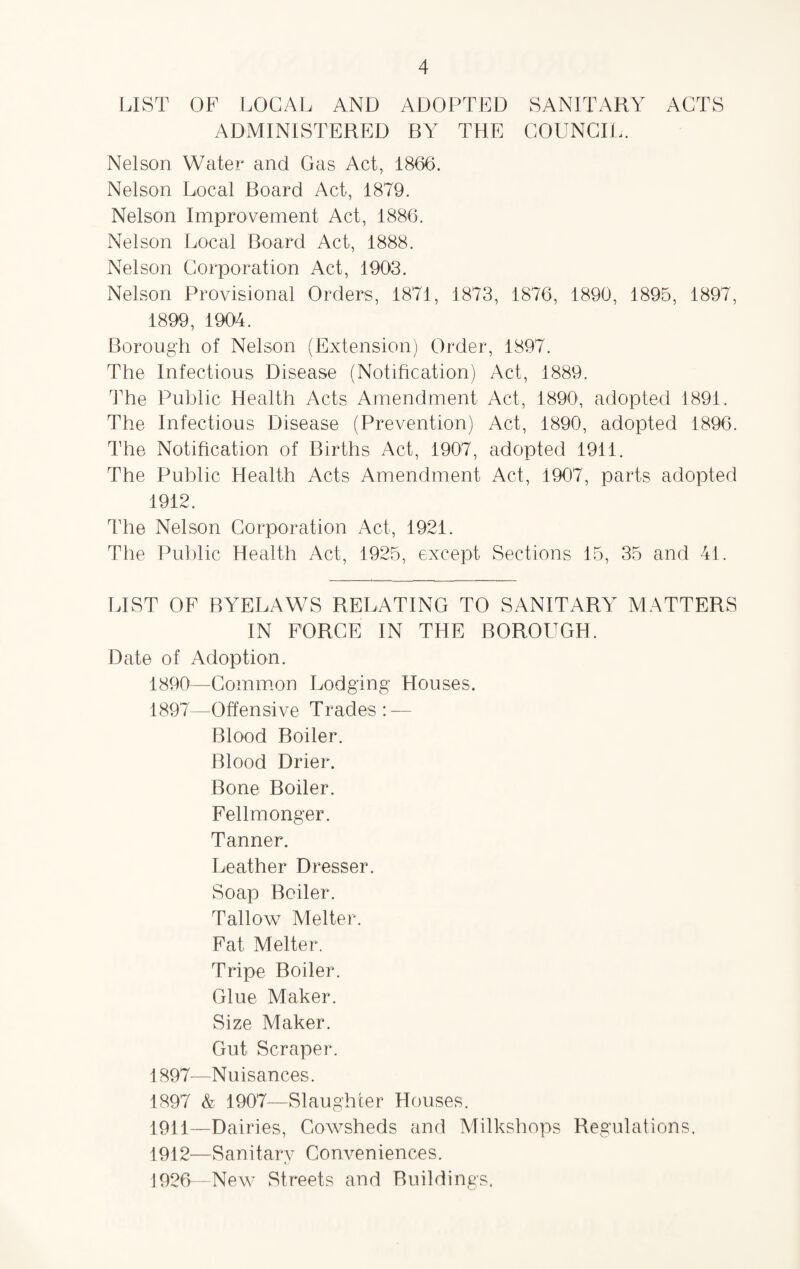 LIST OF LOCAL AND ADOPTED SANITARY ACTS ADMINISTERED BY THE COUNCIL. Nelson Water and Gas Act, 1866. Nelson Local Board Act, 1879. Nelson Improvement Act, 1886. Nelson Local Board Act, 1888. Nelson Corporation Act, 1903. Nelson Provisional Orders, 1871, 1873, 1876, 1890, 1895, 1897, 1899, 1904. Borough of Nelson (Extension) Order, 1897. The Infectious Disease (Notification) Act, 1889. The Public Health Acts Amendment Act, 1890, adopted 1891. The Infectious Disease (Prevention) Act, 1890, adopted 1896. The Notification of Births Act, 1907, adopted 1911. The Public Health Acts Amendment Act, 1907, parts adopted 1912. The Nelson Corporation Act, 1921. The Public Health Act, 1925, except Sections 15, 35 and 41. LIST OF BYELAWS RELATING TO SANITARY MATTERS IN FORCE IN THE BOROUGH. Date of Adoption. 1890—Common Lodging Houses. 1897—Offensive Trades: — Blood Boiler. Blood Drier. Bone Boiler. Fellmonger. Tanner. Leather Dresser. Soap Boiler. Tallow Melter. Fat Melter. Tripe Boiler. Glue Maker. Size Maker. Gut Scraper. 1897—Nuisances. 1897 & 1907—Slaughter Houses. 1911— Dairies, Cowsheds and Milkshops Regulations. 1912— Sanitary Conveniences. 1926— New Streets and Buildings,