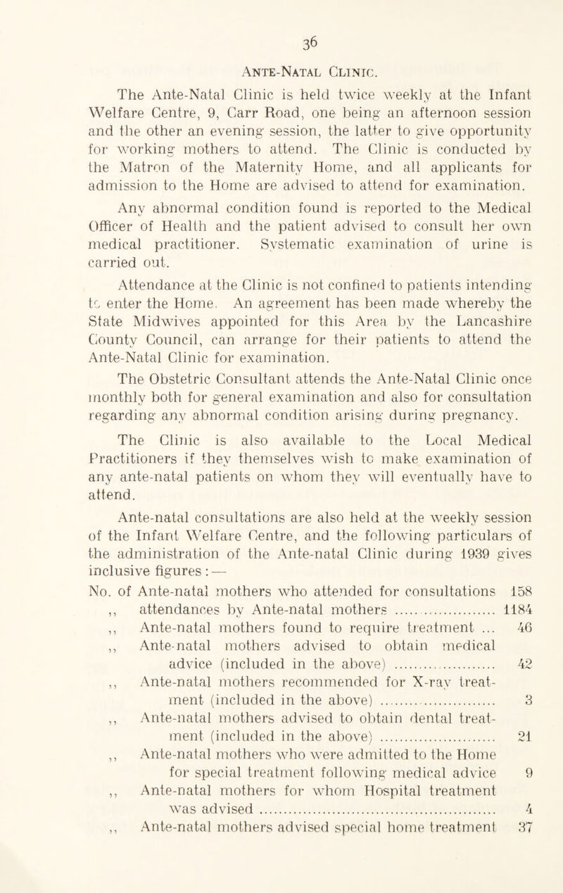 Ante-Natal Clinic. The Ante-Natal Clinic is held twice weekly at the Infant Welfare Centre, 9, Carr Road, one being an afternoon session and the other an evening session, the latter to give opportunity for working mothers to attend. The Clinic is conducted by the Matron of the Maternity Home, and all applicants for admission to the Home are advised to attend for examination. Any abnormal condition found is reported to the Medical Officer of Health and the patient advised to consult her own medical practitioner. Systematic examination of urine is carried out. Attendance at the Clinic is not confined to patients intending tc enter the Home, An agreement has been made whereby the State Midwives appointed for this Area by the Lancashire Countv Council, can arrange for their oatients to attend the Ante-Natal Clinic for examination. The Obstetric Consultant attends the Ante-Natal Clinic once monthly both for general examination and also for consultation regarding any abnormal condition arising during pregnancy. The Clinic is also available to the Local Medical Practitioners if thev themselves wish tc make examination of any ante-natal patients on whom they will eventually have to attend. Ante-natal consultations are also held at the weeklv session tj of the Infant Welfare Centre, and the following particulars of the administration of the Ante-natal Clinic during 1939 gives inclusive figures: — No. of Ante-natal mothers who attended for consultations 158 ,, attendances by Ante-natal mothers ... 1184 ,, Ante-natal mothers found to require treatment ... 46 ,, Ante-natal mothers advised to obtain medical advice (included in the above) ... 42 ,, Ante-natal mothers recommended for X-ray treat¬ ment (included in the above) . 3 ,, Ante-natal mothers advised to obtain dental treat¬ ment (included in the above) . 21 ,, Ante-natal mothers who were admitted to the Home for special treatment following medical advice 9 ,, Ante-natal mothers for whom Hospital treatment was advised . 4 ,, Ante-natal mothers advised special home treatment 37