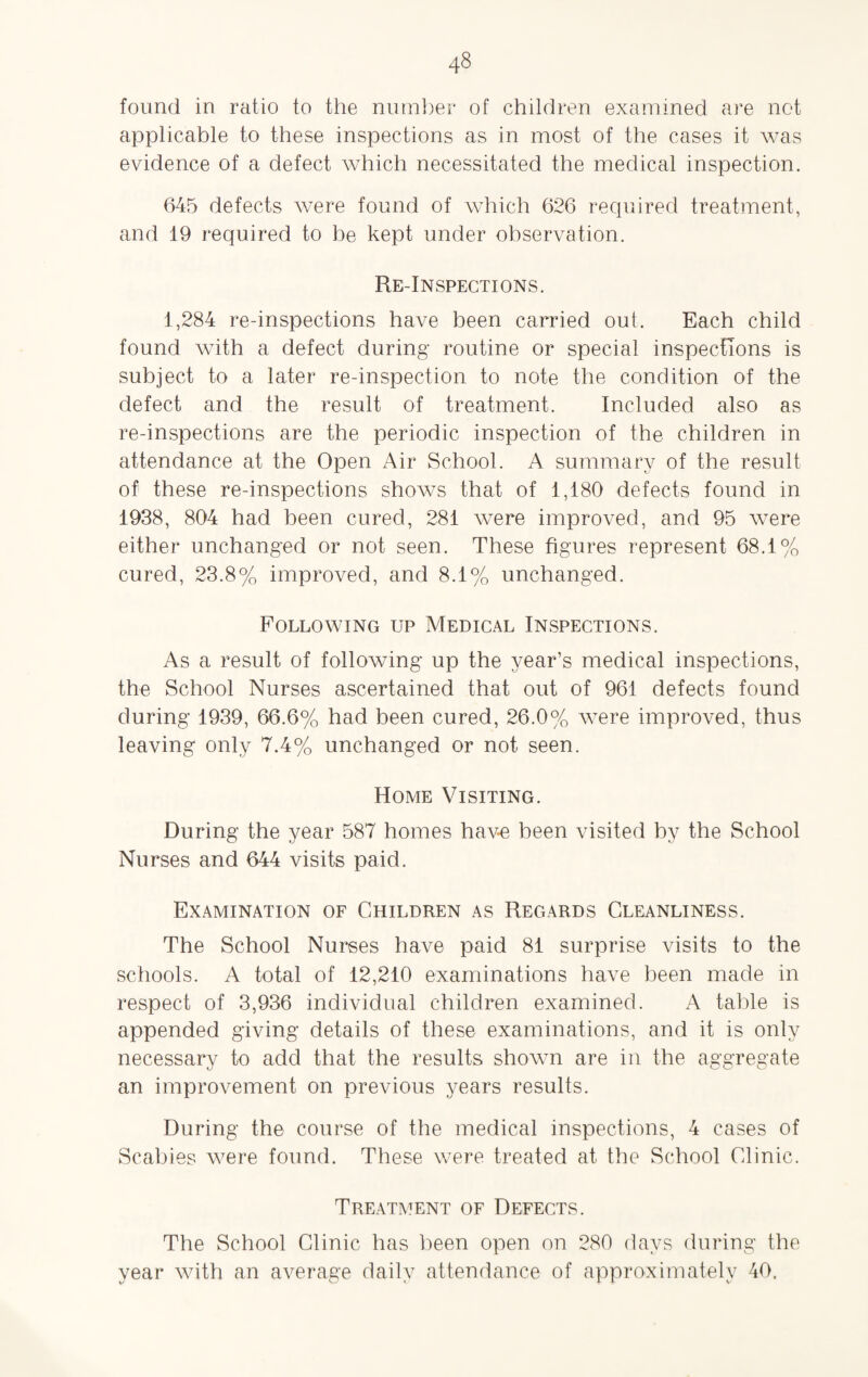 found in ratio to the number of children examined are not applicable to these inspections as in most of the cases it was evidence of a defect which necessitated the medical inspection. 645 defects were found of which 626 required treatment, and 19 required to be kept under observation. Re-Inspections. 1,284 re-inspections have been carried out. Each child found with a defect during routine or special inspections is subject to a later re-inspection to note the condition of the defect and the result of treatment. Included also as re-inspections are the periodic inspection of the children in attendance at the Open Air School. A summary of the result of1 these re-inspections shows that of 1,180 defects found in 1938, 804 had been cured, 281 were improved, and 95 were either unchanged or not seen. These figures represent 68.1% cured, 23.8% improved, and 8.1% unchanged. Following up Medical Inspections. As a result of following up the year’s medical inspections, the School Nurses ascertained that out of 961 defects found during 1939, 66.6% had been cured, 26.0% were improved, thus leaving only 7.4% unchanged or not seen. Home Visiting. During the year 587 homes hav-e been visited by the School Nurses and 644 visits paid. Examination of Children as Regards Cleanliness. The School Nurses have paid 81 surprise visits to the schools. A total of 12,210 examinations have been made in respect of 3,936 individual children examined. A table is appended giving details of these examinations, and it is only necessary to add that the results shown are in the aggregate an improvement on previous years results. During the course of the medical inspections, 4 cases of Scabies were found. These were treated at the School Clinic. Treatment of Defects. The School Clinic has been open on 280 days during the year with an average daily attendance of approximately 40.