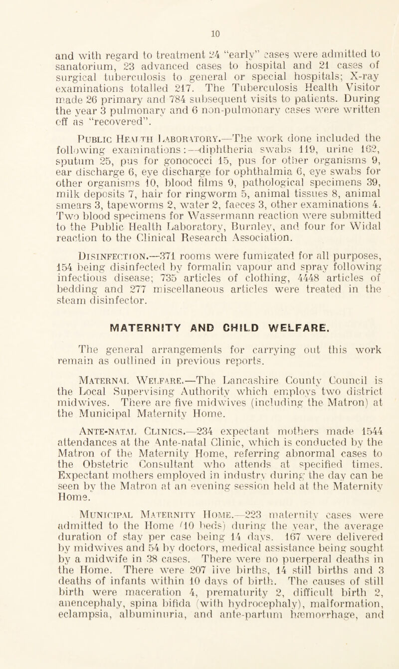 and with regard to treatment 24 “early” eases were admitted to sanatorium, 23 advanced cases to hospital and 21 cases of surgical tuberculosis to general or special hospitals; X-ray examinations totalled 217. The Tuberculosis Health Visitor made 26 primary and 784 subsequent visits to patients. During the year 3 pulmonary and 6 non-pulmonarv cases were written off as “recovered”. Public Health Laboratory.—The work done included the following examinations:—diphtheria swabs 119, urine 162, sputum 25, pus for gonococci 15, pus for other organisms 9, ear discharge 6, eye discharge for ophthalmia 6, eye swabs for other organisms 10, blood films 9, pathological specimens 39, milk deposits 7, hair for ringworm 5, animal tissues 8, animal smears 3, tapeworms 2, water 2, faeces 3, other examinations 4. Two blood specimens for Wassermann reaction were submitted to the Public Health Laboratory, Burnley, and four for Widal reaction to the Clinical Research Association. Disinfection.—371 rooms were fumigated for all purposes, 154 being disinfected by formalin vapour and spray following infectious disease; 735 articles of clothing, 4448 articles of bedding and 277 miscellaneous articles were treated in the steam disinfector. MATERNITY AND CHILD WELFARE. The general arrangements for carrying out this work remain as outlined in previous reports. Maternal Welfare.—The Lancashire Countv Council is the Local Supervising Authority which employs two district midwives. There are five midwives (including the Matron) at the Municipal Maternity Home. Ante-natal Clinics.—234 expectant mothers made 1544 attendances at the 4nte-natal Clinic, which is conducted by the Matron of the Maternity Home, referring abnormal cases to the Obstetric Consultant who attends at specified times. Expectant mothers employed in industry during the day can be seen bv the Matron at an evening session held at the Maternitv Is XV KJ Home. Municipal Maternity Home,—223 maternity cases were admitted to the Home HO beds) during the year, the average duration of stay per case being 14 days. 167 were delivered bv midwives and 54 by doctors, medical assistance being sought by a midwife in 38 cases. There were no puerperal deaths in the Home. There were 207 iive births, 14 still births and 3 deaths of infants within 10 days of birth. The causes of still birth were maceration 4, prematurity 2, difficult birth 2, anencephaly, spina bifida (with hydrocephaly), malformation, eclampsia, albuminuria, and ante-parturn haemorrhage, and