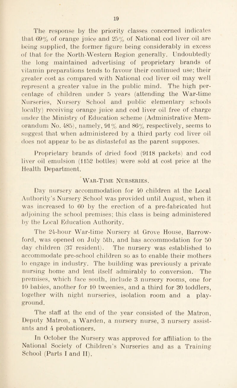 The response by the priority classes concerned indicates that 69% of orange jnice and 25% of National cod liver oil are being supplied, the former figure being considerably in excess of that for the North-Western Region generally. Undoubtedly the long maintained advertising of proprietary brands of vitamin preparations tends to favour their continued use; their greater cost as compared with National cod liver oil may well represent a greater value in the public mind. The high per¬ centage of children under 5 years (attending the War-time Nurseries, Nursery School and public elementary schools locally) receiving orange juice and cod liver oil free of charge under the Ministry of Education scheme (Administrative Mem¬ orandum No. 485), namely, 91% and 86% respectively, seems to suggest that when administered by a third party cod liver oil does not appear to be as distasteful as the parent supposes. Proprietary brands of dried food (9118 packets) and cod liver oil emulsion (1152 bottles) were sold at cost price at the Health Department. War-Time Nurseries. Day nursery accommodation for 40 children at the Local Authority’s Nursery .School was provided until August, when it was increased to 60 by the erection of a pre-fabricated hut adjoining the school premises; this class is being administered by the Local Education Authority. The 24-hour War-time Nursery at Grove House, Barrow- ford, was opened on July 5th, and has accommodation for 50 day children (37 resident). The nursery was established to accommodate pre-school children so as to enable their mothers to engage in industry. The building was previously a private nursing home and lent itself admirably to conversion. The premises, which face south, include 3 nursery rooms, one for 10 babies, another for 10 tweenies, and a third for 30 toddlers, together with night nurseries, isolation room and a play¬ ground. The staff at the end of the year consisted of the Matron, Deputy Matron, a Warden, a nursery nurse, 3 nursery assist¬ ants and 4 probationers. In October the Nursery was approved for affiliation to the National Society of Children’s Nurseries and as a Training- School (Parts I and II).