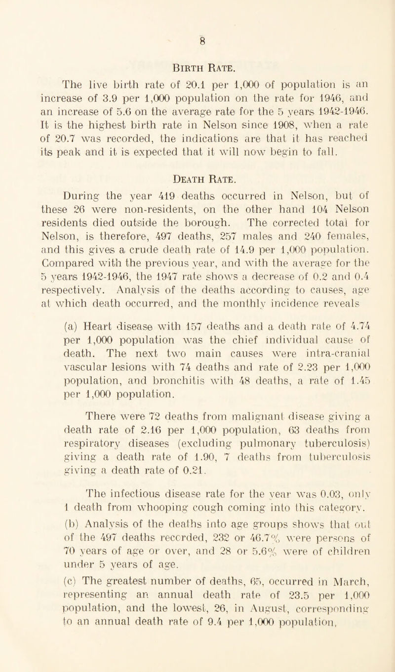 Birth Rate. The live birth rate of 20.1 per 1,000 of population is an increase of 3.9 per 1,000 population on the rate for 1946, and an increase of 5.6 on the average rate for the 5 years 1942-1946. It is the highest birth rate in Nelson since 1908, when a rate of 20.7 was recorded, the indications are that it has reached its peak and it is expected that it will now begin to fall. Death Rate. During the year 419 deaths occurred in Nelson, but of these 26 were non-residents, on the other hand 104 Nelson residents died outside the borough. The corrected total for Nelson, is therefore, 497 deaths, 257 males and 240 females, and this gives a crude death rate of 14.9 per 1,000 population. Compared with the previous year, and with the average for the 5 years 1942-1946, the 1947 rate shows a decrease of 0.2 and 0.4 respectively. Analysis of the deaths according to causes, age at which death occurred, and the monthly incidence reveals (a) Heart disease with 157 deaths and a death rate of 4.74 per 1,000 population was the chief individual cause of death. The next- two main causes were intra-cranial vascular lesions with 74 deaths and rate of 2.23 per 1,000 population, and bronchitis with 48 deaths, a rate of 1.45 per 1,000 population. There were 72 deaths from malignant disease giving a death rate of 2.16 per 1,000 population, 63 deaths from respiratory diseases (excluding pulmonary tuberculosis) giving a death rate of 1.90, 7 deaths from tuberculosis giving a death rate of 0.21. The infectious disease rate for the year was 0.03, only 1 death from whooping cough coming into this category. (b) Analysis of the deaths into age groups shows that out of the 497 deaths recorded, 232 or 46.7% were persons of 70 years of age or over, and 28 or 5.6% were of children under 5 years of age. (c) The greatest number of deaths, 65, occurred in March, representing an annual death rate of 23.5 per 1,000 population, and the lowest, 26, in August, corresponding to an annual death rate of 9.4 per 1,000 population,
