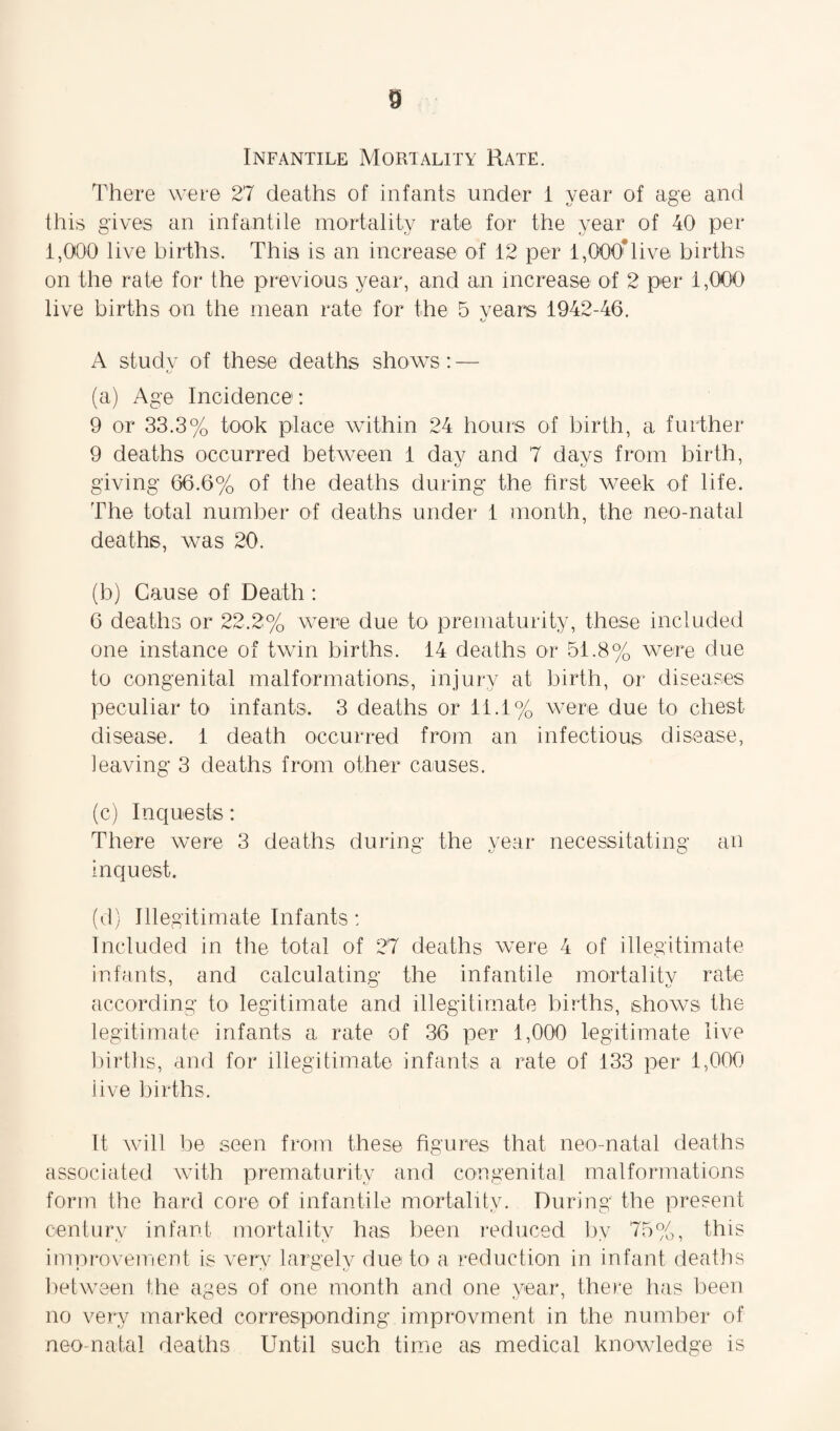 8 Infantile Mortality Rate. There were 27 deaths of infants under 1 year of age and this gives an infantile mortality rate for the year of 40 per 1,000 live births. This is an increase of 12 per 1,000*live births on the rate for the previous year, and an increase of 2 per 1,000 live births on the mean rate for the 5 years 1942-46. A studv of these deaths shows: — (a) Age Incidence: 9 or 33.3% took place within 24 hours of birth, a further 9 deaths occurred between 1 dav and 7 days from birth, giving 66.6% of the deaths during the first week of life. The total number of deaths under 1 month, the neo-natal deaths, was 20. (b) Cause of Death : 6 deaths or 22.2% were due to prematurity, these included one instance of twin births. 14 deaths or 51.8% were due to congenital malformations, injury at birth, or diseases peculiar to infants. 3 deaths or 11.1% were, due to chest disease. 1 death occurred from an infectious disease, leaving 3 deaths from other causes. (c) Inquests: There were 3 deaths during the year necessitating an inquest. (d) Illegitimate Infants: Included in the total of 27 deaths were 4 of illegitimate infants, and calculating the infantile mortality rate according to legitimate and illegitimate births, shows the legitimate infants a rate of 36 per 1,000 legitimate live births, and for illegitimate infants a rate of 133 per 1,000 iive births. It will be seen from these figures that neo-natal deaths associated with prematurity and congenital malformations form the hard core of infantile mortality. During the present century infant mortality has been reduced by 75%, this improvement is very largely due to a reduction in infant deaths between the ages of one month and one year, there has been no very marked corresponding improvment in the number of neo-natal deaths Until such time as medical knowledge is