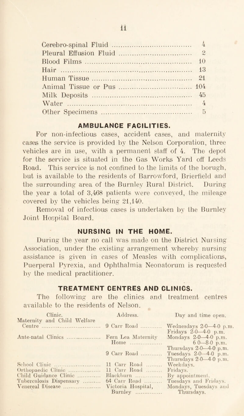 Cerebrospinal Fluid . 4 Pleural Effusion Fluid . 2 Blood Films . 10 Hair . 13 Human Tissue. 21 Animal Tissue or Pus . 104 Milk Deposits . 45 Water . 4 Other Specimens . 5 AMBULANCE FACILITIES. For non-infectious cases, accident cases, and maternity cases the service is provided by the Nelson Corporation, three vehicles are in use, with a permanent staff of 4. The depot for the service is situated in the Gas Works Yard off Leeds Road. This service is not confined to the limits of the borugh, but is available to the residents of Barrowford, Brierfield and the surrounding area of the Burnley Rural District. During the year a total of 3,468 patients were conveyed, the mileage covered bv the vehicles being 21,140. Removal of infectious cases is undertaken bv the Burnlev Joint Hospital Board. NURSING IN THE HOME. During the year no call was made on the District Nursing Association, under the existing arrangement whereby nursing assistance is given in cases of Measles with complications, Puerperal Pyrexia, and Ophthalmia Neonatorum is requested by the medical practitioner. TREATMENT CENTRES AND CLINICS. The following are the clinics and treatment centres available to the residents of Nelson. Clinic. Maternity and Child Welfare Centre . Ante-natal Clinics . School Clinic . Orthopaedic Clinic . Child Guidance Clinic . Tuberculosis Dispensary Venereal Disease . Address. 9 Carr Road . Fern Lea Maternity Home . 9 Carr Road . 11 Carr Road . 11 Carr Road . Blackburn . 64 Carr Road . Victoria Hospital, Burnley . Day and time open. Wednesdays 2-0—4-0 p.m Fridays 2-0—4-0 p.m. Mondays 2-0—4-0 p.m. 6 0—8-0 p.m. Thursdays 2-0—4-0 p.m. Tuesdays 2-0—4-0 p.m. Thursdays 2-0-—4-0 p.m. Weekdays. Fridays. By appointment. Tuesdays and Fridays. Mondays, Tuesdays and Thursdays.