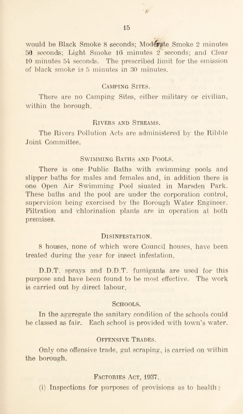 «/ would be Black Smoke 8 seconds; Mod^ate Smoke 2 minutes 50 seconds; Light Smoke 10 minutes 2 seconds; and Clear 10 minutes 54 seconds. The prescribed limit for the emission of black smoke is 5 minutes in 30 minutes. Camping Sites. There are no Camping Sites, either military or civilian, within the borough. Rivers and Streams. The Rivers Pollution Acts are administered by the Ribbie Joint Committee. Swimming Baths and Pools. There is one Public Baths with swimming pools and slipper baths for males and females and, in addition there is one Open Air Swimming Pool siuated in Marsden Park. These baths and the pool are under the corporation control, supervision being exercised by the Borough Water Engineer. Filtration and chlorination plants are in operation at both premises. Disinfestation. 8 houses, none of which were Council houses, have been treated during the year for insect infestation. D.D.T. sprays and D.D.T. fumigants are used for this purpose and have been found to be most effective. The work is carried out bv direct labour. KJ Schools. In the aggregate the sanitary condition of the schools could be classed as fair. Each school is provided with town’s water. Offensive Trades. Only one offensive trade, gut scraping, is carried on within the borough. Factories Act, 1937. (i) Inspections for purposes of provisions as to health ;