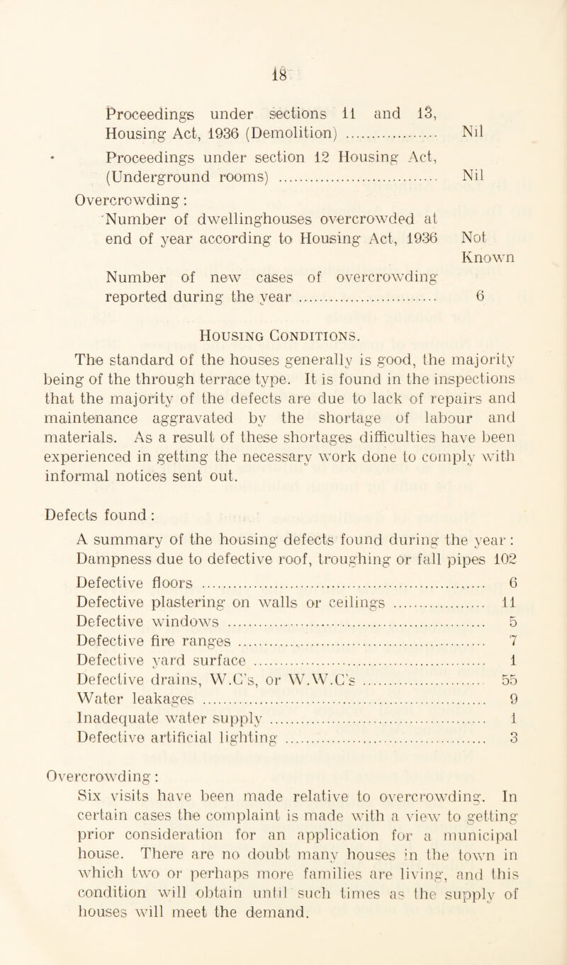 Proceeding’s under sections it and 13, Housing Act, 1936 (Demolition) . Nil Proceedings under section 12 Housing Act, (Underground rooms) . Nil Overcrowding: Number of dwelling-houses overcrowded at end of year according to Housing Act, 1936 Not Known Number of new cases of overcrowding- reported during the year . 6 Housing Conditions. The standard of the houses generally is good, the majority being of the through terrace type. It is found in the inspections that the majority of the defects are due to lack of repairs and maintenance aggravated by the shortage of labour and materials. As a result of these shortages difficulties have been experienced in getting the necessary work done to comply with informal notices sent out. Defects found : A summary of the housing defects found during the year : Dampness due to defective roof, troughing or fall pipes 102 Defective floors . Defective plastering on walls or ceilings Defective windows . Defective fire ranges . Defective yard surface . Defective drains, W.C’s, or W. W.C’s . Water leakages . Inadequate water supply . Defective artificial lighting . 6 11 5 7 1 55 9 1 Overcrowding: Six visits have been made relative to overcrowding. In certain cases the complaint is made with a view to getting prior consideration for an application for a municipal house. There are no doubt many houses in the town in which two or perhaps more families are living, and this condition will obtain until such times as the supply of houses will meet the demand.