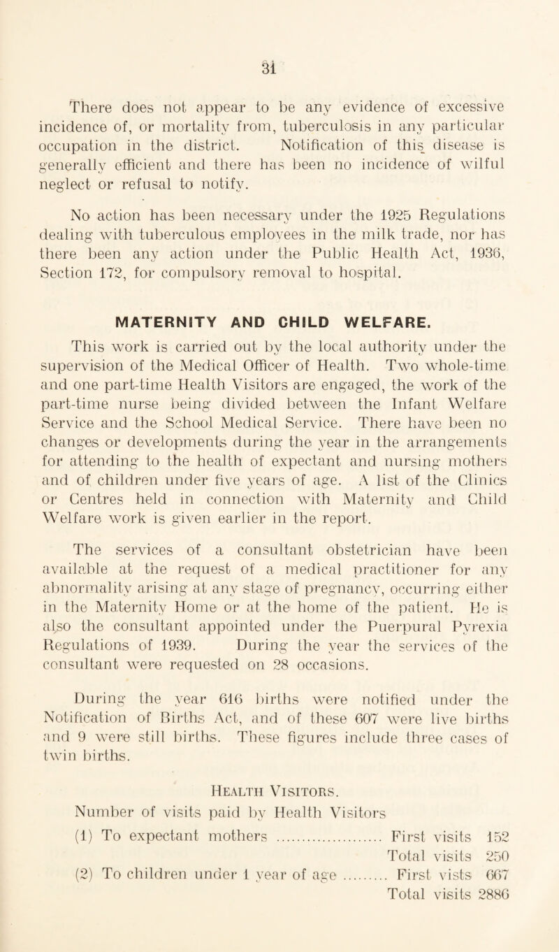 There does not appear to be any evidence of excessive incidence of, or mortality from, tuberculosis in any particular occupation in the district. Notification of this disease is generally efficient and there has been no incidence of wilful neglect or refusal to notify. No action has been necessary under the 1925 Regulations dealing with tuberculous employees in the milk trade, nor has there been any action under the Public Health Act, 1936, Section 172, for compulsory removal to hospital. MATERNITY AND CHILD WELFARE. This work is carried out bv the local authority under the supervision of the Medical Officer of Health. Two whole-time and one part-time Health Visitors are engaged, the work of the part-time nurse being divided between the Infant Welfare Service and the School Medical Service. There have been no changes or developments during the year in the arrangements for attending to the health of expectant and nursing mothers and of children under five years of age. A list of the Clinics or Centres held in connection with Maternity and Child Welfare work is given earlier in the report. The services of a consultant obstetrician have been available at the request of a medical practitioner for any abnormality arising at any stage of pregnancy, occurring either in the Maternity Home or at the home of the patient. He is also the consultant appointed under the Puerpural Pyrexia Regulations of 1939. During the year the services of the consultant were requested on 28 occasions. During the year 616 births were notified under the Notification of Births Act, and of these 607 were live births and 9 were stdl births. These figures include three cases of twin births. Health Visitors. Number of visits paid by Health Visitors (1) To expectant mothers . First visits 152 Total visits 250 (2) To children under 1 year of age. First vists 667 Total visits 2886