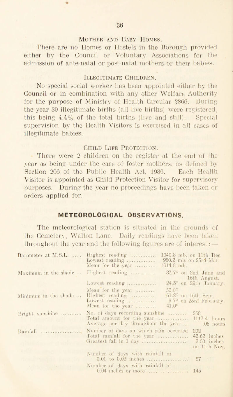 30 ♦ Mother and Baby Homes. There are no Homes or Hostels in the Borough provided either bv the Council or Voluntary Associations for the admission of ante-natal or post-natal mothers or their babies. Illegitimate Children. No special social worker has been appointed either by the Council or in combination with any other Welfare Authority for the purpose of Ministry of Health Circular 2866. During the year 30 illegitimate births (all live births) were registered, this being 4.4% of the total births (live and still). Special supervision by the Health Visitors is exercised in all cases of illegitimate babies. Child Life Protection. There were 2 children on the register at the end of the year as being under the care of foster mothers, as defined by Section 206 of the Public Health Act, 1936. Each Health Visitor is appointed as Child Protection Visitor for supervisory purposes. During the year no proceedings have been taken or orders applied for. METEOROLOGICAL OBSERVATIONS. The meteorological station is situated in the grounds of the Cemetery, Walton Lane. Daily readings have been taken throughout the year and the following figures are of interest Barometer at M.S.L. Maximum in the shade Minimum in the shade ... Bright sunshine Rainfall . Highest reading . 1040.8 mb. on 11th Dec. Lowest reading . 980.2 mb. on 23rd Mar. Mean for the year . 1014.5 mb. Highest reading . 83.7° on 2nd June and 16th August. Lowest reading . 24.3° on 29th January. Mean for the year . 53.0° Highest reading . 61.2° on 16th Sept. Lowest reading . 9.7° on 23rd February. Mean for the year . 41.0° No. of days recording sunshine . 258 Total amount for the year . 1117.4 hours Average per day throughout the year ... .06 hours Number of days on which rain occurred 202 Tota) rainfall for the year . 42.62 inches Greatest fall in 1 day ... 2.50 inches on 11th Nov. Number of days with rainfall of 0.01 to 0.03 inches . 57 Number of days with rainfall of