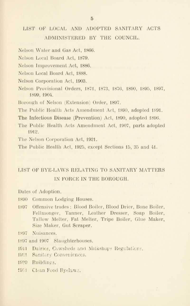LIST OF LOCAL AND ADOPTED SANITARY ACTS ADMINISTERED BY THE COUNCIL. Nelson Water and Gas Act, 1866. Nelson Local Board Act, 1879. Nelson Improvement Act, 1886. Nelson Local Board Act, 1888. Nelson Corporation Act, 1903. Nelson Provisional Orders, 1871, 1873, 1876, 1890, 1895, 1897, 1899, 1904. Borough of Nelson (Extension) Order, 1897. The Public Health Acts Amendment Act, 1890, adopted 1891. The Infectious Disease (Prevention) Act, 1890, adopted 1896. The Public Health Acts Amendment Act, 1907, parts adopted 1912. The Nelson Corporation Act, 1921. The Public Health Act, 1925, except Sections 15, 35 and 41. LIST OF BYE-LAWS RELATING TO SANITARY MATTERS IN FORCE IN THE BOROUGH. Dates of Adoption. 1890 Common Lodging Houses. 1897 Offensive trades : Blood Boiler, Blood Drier, Bone Boiler, Fellmonger, Tanner, Leather Dresser, Soap Boiler, Tallow Melter, Fat Melter, Tripe Boiler, Glue Maker, Size Maker, Gut Scraper. 1897 Nuisances. 1897 and 1907 Slaughterhouses. 1911 Dairies, Cowsheds and Milkshops Regulations. 1931 Sanitary Conveniences. 1939 Buildings. 1951 Clean Food Byelaws.