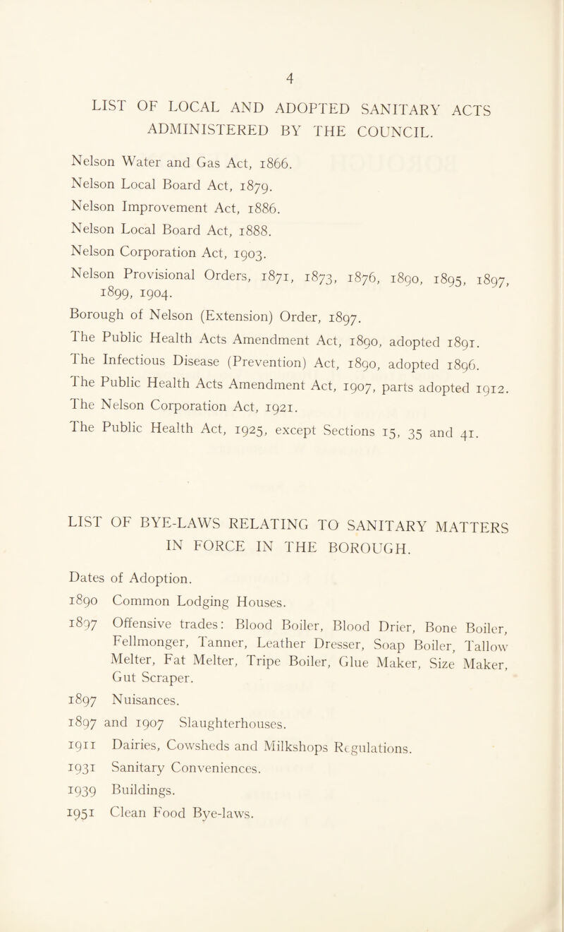 LIST OF LOCAL AND ADOPTED SANITARY ACTS ADMINISTERED BY THE COUNCIL. Nelson Water and Gas Act, 1866. Nelson Local Board Act, 1879. Nelson Improvement Act, 1886. Nelson Local Board Act, 1888. Nelson Corporation Act, 1903. Nelson Provisional Orders, 1871, 1873, 1876, 1890, 1895, 1897, I899, 1904. Borough of Nelson (Extension) Order, 1897. d he Public Health Acts Amendment Act, 1890, adopted 1891. I he Infectious Disease (Prevention) Act, 1890, adopted 1896. I he Public Health Acts Amendment Act, 1907, p^-rts adopted 1912. The Nelson Corporation Act, 1921. Ihe Public Health Act, 1925, except Sections 15, 35 and 41. LIS I OF BYE-LAWS RELATING TO SANITARY MATTERS IN FORCE IN THE BOROLIGH. Dates of Adoption. 1890 Common Lodging Houses. 1897 Offensive trades: Blood Boiler, Blood Drier, Bone Boiler, Fellmonger, Tanner, Leather Dresser, Soap Boiler, Tallow Melter, Fat Melter, Tripe Boiler, Glue Maker, Size Maker, Gut Scraper. 1897 Nuisances. 1897 and 1907 Slaughterhouses. 1911 Dairies, Cowsheds and Milkshops Regulations. 1931 Sanitary Conveniences. 1939 Buildings. 1951 Clean Food Bye-laws.