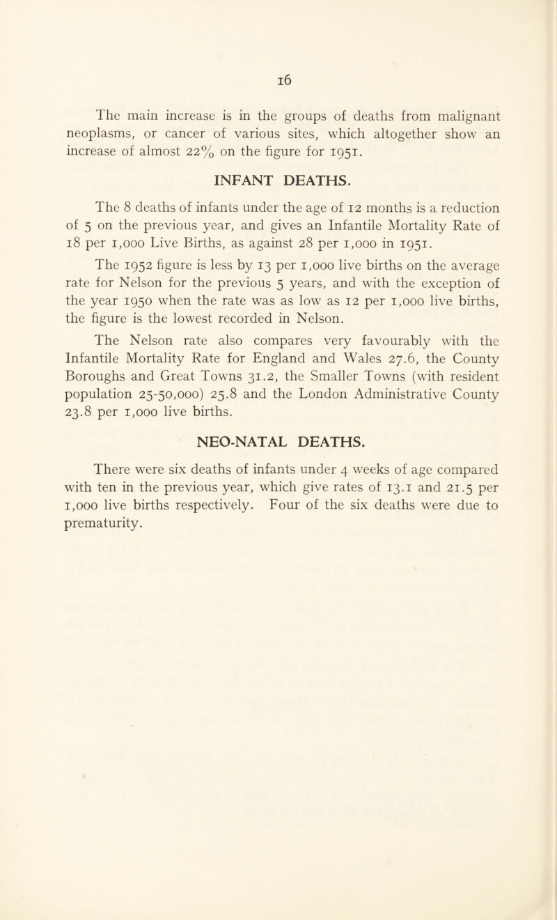 The main increase is in the groups of deaths from malignant neoplasms, or cancer of various sites, which altogether show an increase of almost 22% on the figure for 1951. INFANT DEATHS. The 8 deaths of infants under the age of 12 months is a reduction of 5 on the previous year, and gives an Infantile Mortality Rate of 18 per 1,000 Live Births, as against 28 per 1,000 in 1951. The 1952 figure is less by 13 per 1,000 live births on the average rate for Nelson for the previous 5 years, and with the exception of the year 1950 when the rate was as low as 12 per 1,000 live births, the figure is the lowest recorded in Nelson. The Nelson rate also compares very favourably with the Infantile Mortality Rate for England and Wales 27.6, the County Boroughs and Great Towns 31.2, the Smaller Towns (with resident population 25-50,000) 25.8 and the London Administrative County 23.8 per 1,000 live births. NEO-NATAL DEATHS. There were six deaths of infants under 4 weeks of age compared with ten in the previous year, which give rates of 13.1 and 21.5 per 1,000 live births respectively. Four of the six deaths were due to prematurity.