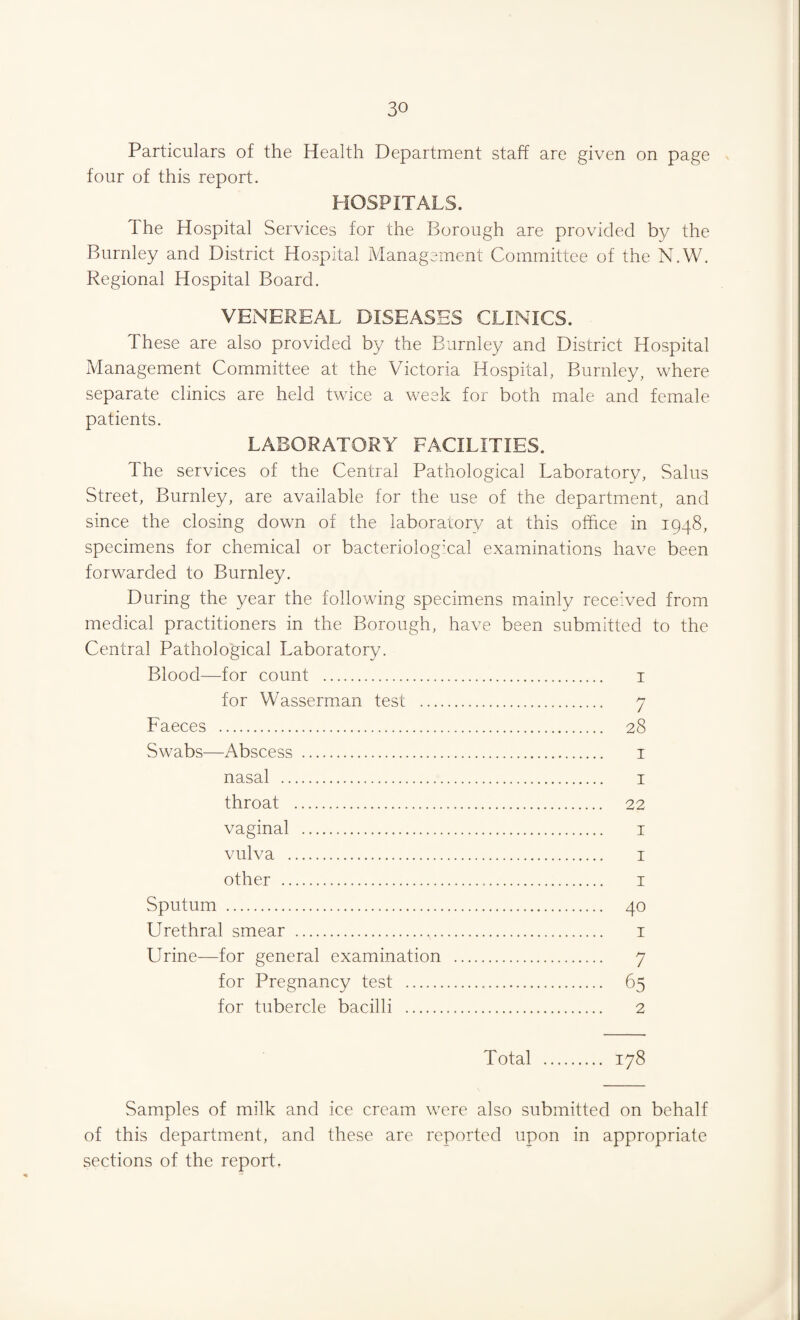 Particulars of the Health Department staff are given on page four of this report. HOSPITALS. The Hospital Services for the Borough are provided by the Burnley and District Hospital Management Committee of the N.W. Regional Hospital Board. VENEREAL DISEASES CLINICS. These are also provided by the Burnley and District Hospital Management Committee at the Victoria Hospital, Burnley, where separate clinics are held twice a week for both male and female patients. LABORATORY FACILITIES. The services of the Central Pathological Laboratory, Salus Street, Burnley, are available for the use of the department, and since the closing down of the laboratory at this office in 1948, specimens for chemical or bacteriological examinations have been forwarded to Burnley. During the year the following specimens mainly received from medical practitioners in the Borough, have been submitted to the Central Pathological Laboratory. Blood—for count . 1 for Wasserman test . 7 Faeces . 28 Swabs—Abscess . 1 nasal . 1 throat . 22 vaginal . 1 vulva . 1 other . 1 Sputum . 40 Urethral smear . 1 Urine—for general examination . 7 for Pregnancy test . 65 for tubercle bacilli . 2 Total . 178 Samples of milk and ice cream were also submitted on behalf of this department, and these are reported upon in appropriate sections of the report.
