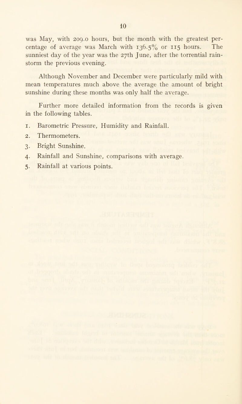 was May, with 209.0 hours, but the month with the greatest per¬ centage of average was March with 136.5% or 115 hours. The sunniest day of the year was the 27th June, after the torrential rain¬ storm the previous evening. Although November and December were particularly mild with mean temperatures much above the average the amount of bright sunshine during these months was only half the average. Further more detailed information from the records is given in the following tables. 1. Barometric Pressure, Humidity and Rainfall. 2. Thermometers. 3. Bright Sunshine. 4. Rainfall and Sunshine, comparisons with average. 5. Rainfall at various points.