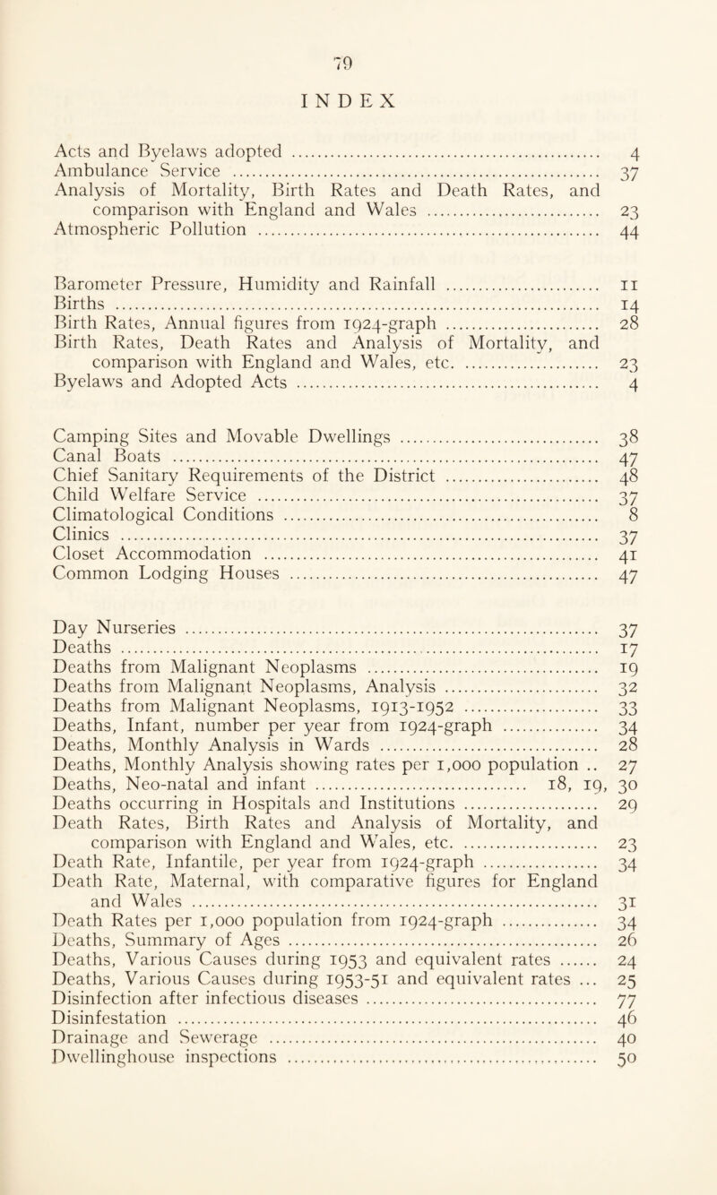 INDEX Acts and Byelaws adopted . 4 Ambulance Service . 37 Analysis of Mortality, Birth Rates and Death Rates, and comparison with England and Wales . 23 Atmospheric Pollution ... 44 Barometer Pressure, Humidity and Rainfall . 11 Births . 14 Birth Rates, Annual figures from 1924-graph . 28 Birth Rates, Death Rates and Analysis of Mortality, and comparison with England and Wales, etc. 23 Byelaws and Adopted Acts . 4 Camping Sites and Movable Dwellings . 38 Canal Boats . 47 Chief Sanitary Requirements of the District . 48 Child Welfare Service . 37 Climatological Conditions . 8 Clinics . 37 Closet Accommodation . 41 Common Lodging Houses . 47 Day Nurseries . 37 Deaths . 17 Deaths from Malignant Neoplasms . 19 Deaths from Malignant Neoplasms, Analysis . 32 Deaths from Malignant Neoplasms, 1913-1952 . 33 Deaths, Infant, number per year from 1924-graph . 34 Deaths, Monthly Analysis in Wards . 28 Deaths, Monthly Analysis showing rates per 1,000 population .. 27 Deaths, Neo-natal and infant . 18, 19, 30 Deaths occurring in Hospitals and Institutions . 29 Death Rates, Birth Rates and Analysis of Mortality, and comparison with England and Wales, etc. 23 Death Rate, Infantile, per year from 1924-graph . 34 Death Rate, Maternal, with comparative figures for England and Wales . 31 Death Rates per 1,000 population from 1924-graph . 34 Deaths, Summary of Ages . 26 Deaths, Various Causes during 1953 and equivalent rates . 24 Deaths, Various Causes during 1953-51 and equivalent rates ... 25 Disinfection after infectious diseases . 77 Disinfestation . 46 Drainage and Sewerage . 40 Dwellinghouse inspections . 50