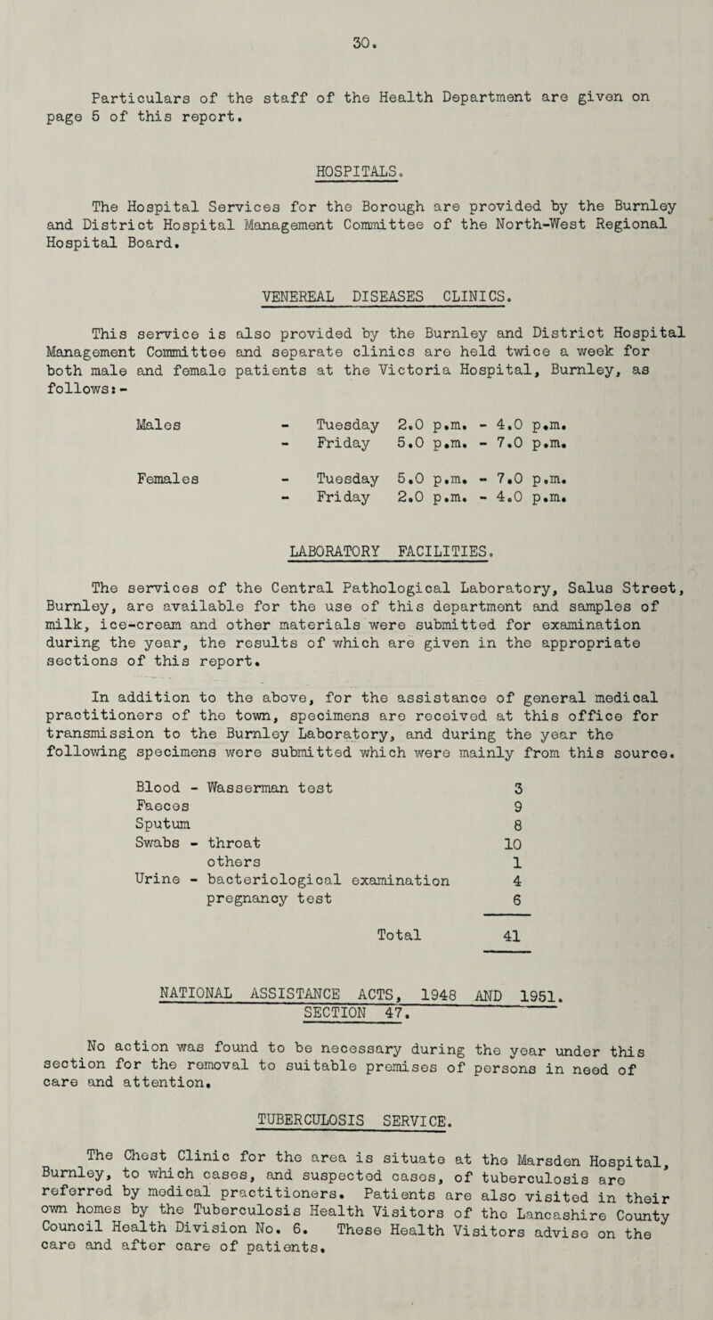 Particulars of the staff of the Health Department are given on page 5 of this report. HOSPITALS. The Hospital Services for the Borough are provided by the Burnley and District Hospital Management Committee of the North-West Regional Hospital Board. VENEREAL DISEASES CLINICS. This service is also provided by the Burnley and District Hospital Management Committee and separate clinics are held twice a week for both male and female patients at the Victoria Hospital, Burnley, as follows: - Males Tuesday 2.0 p.m. - 4.0 p.m. Friday 5.0 p.m. - 7.0 p.m. Females Tuesday 5.0 p.m, - 7.0 p.m. Friday 2.0 p.m. - 4.0 p.m. LABORATORY FACILITIES. The services of the Central Pathological Laboratory, Salus Street, Burnley, are available for the use of this department and samples of milk, ice-cream and other materials were submitted for examination during the year, the results of which are given in the appropriate sections of this report. In addition to the above, for the assistance of general medical practitioners of the town, specimens are received at this office for transmission to the Burnley Laboratory, and during the year the following specimens were submitted which were mainly from this source. Blood - Wasserman test 3 Faeces 9 Sputum 8 Swabs - throat 10 others 1 Urine - bacteriological examination 4 pregnancy test 6 Total 41 NATIONAL ASSISTANCE ACTS, 1948 AND 1951. SECTION 47! No action was found to be necessary during the year under this section for the removal to suitable premises of persons in need of care and attention. TUBERCULOSIS SERVICE. The Chest Clinic for the area is situate at the Marsden Hospital, Burnley, to which cases, and suspected cases, of tuberculosis are referred by medical practitioners. Patients are also visited in their own homes by the Tuberculosis Health Visitors of the Lancashire County Council Health Division No. 6. These Health Visitors advise on the care and after care of patients.