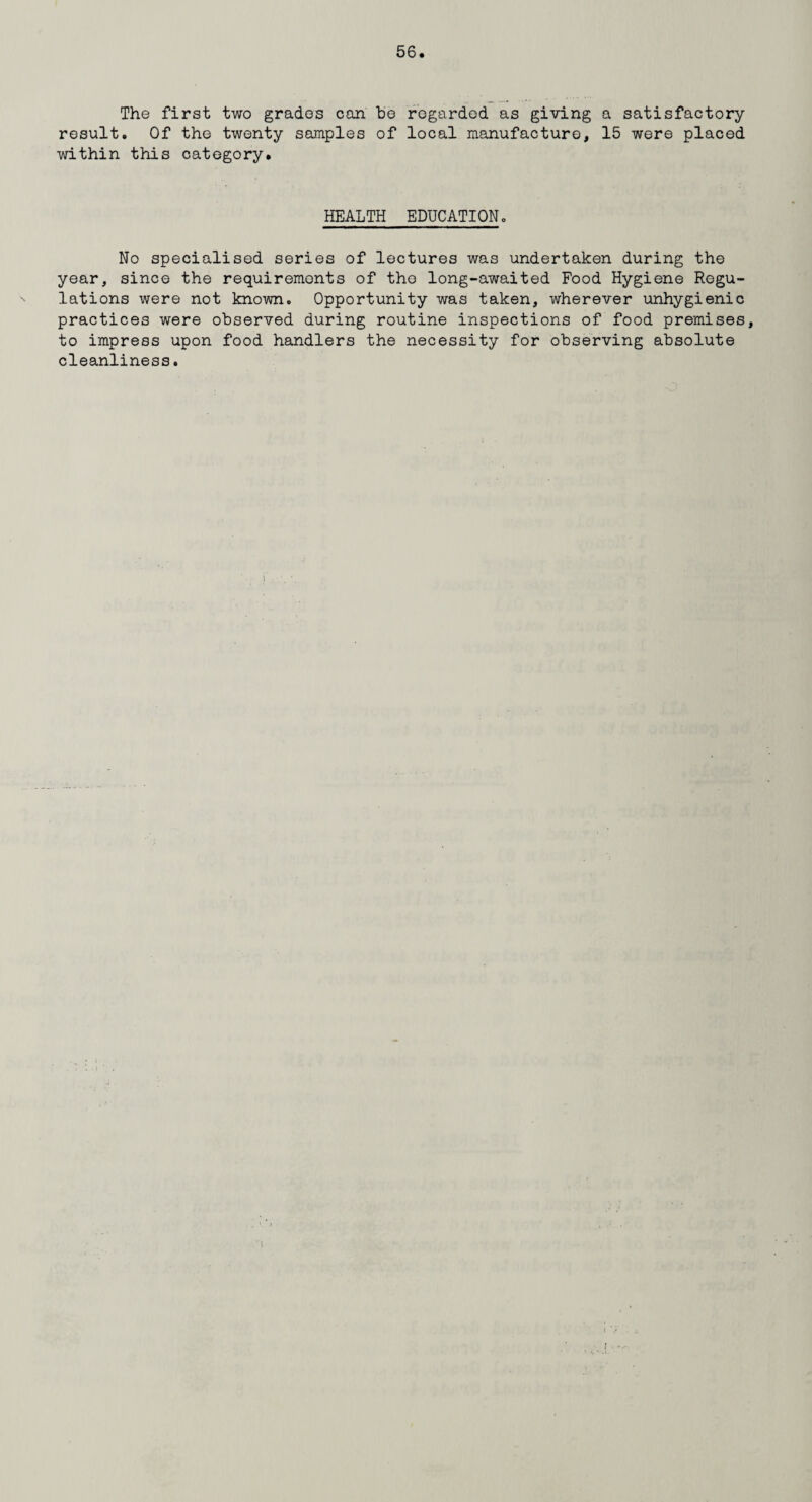 The first two grades can be regarded as giving a satisfactory result. Of the twenty samples of local manufacture, 15 were placed within this category. HEALTH EDUCATION. No specialised series of lectures was undertaken during the year, since the requirements of the long-awaited Food Hygiene Regu¬ lations were not known. Opportunity was taken, wherever unhygienic practices were observed during routine inspections of food premises, to impress upon food handlers the necessity for observing absolute cleanliness.