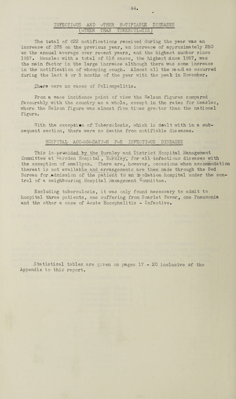 INFECTIOUS AND OTHER NOTIFIABLE DISEASES (OTHER THAN TUBERCULOSIS)' The total of 622 notifications received during the year was an increase of 375 on the previous year, an increase of approximately 250 on the annual average over recent years, and the highest number since 1957. Measles with a total of 516 cases, the highest ance 1957, was the main factor in the large increase although there was some increase in the notification of whooping cough. Almost all the neasLes occurred during the last 4 or 5 months of the year with the peat in November. .Th^re were no cases of Poliomyelitis. From a case incidence point of view the Nelson figures compared favourably with the country as a who3e, except in the rates for Measles, where the Nelson figure was almost five times greater than the national figure. With the exception of Tuberculosis, which is dealt with in a sub¬ sequent section, there were no deaths from notifiable diseases. HOSPITAL ACCUMMuDATIUN FuR INFECTIOUS DISEASES This is-prav.idsiL..by_..the Burnley and District Hospital Management Committee at Marsden Hospital, Burnley', for all i-nfectio.us diseases with the exception of smallpox. There are, however, occasions when accommodation thereat is not available and arrangements are then made through the Bed Bureau for ,«.dmission of the patient to an is olation hospital under the con¬ trol of a neighbouring Hospital Management Committee. Excluding tuberculosis, it was only found necessary to admit to hospital three patients, one suffering from Scarlet Fever, one Pneumonia and the other a case of Acute Encephalitis - Infective, Statistical tables are given on pages 17 - 20 inclusive of the Appendix to this report.