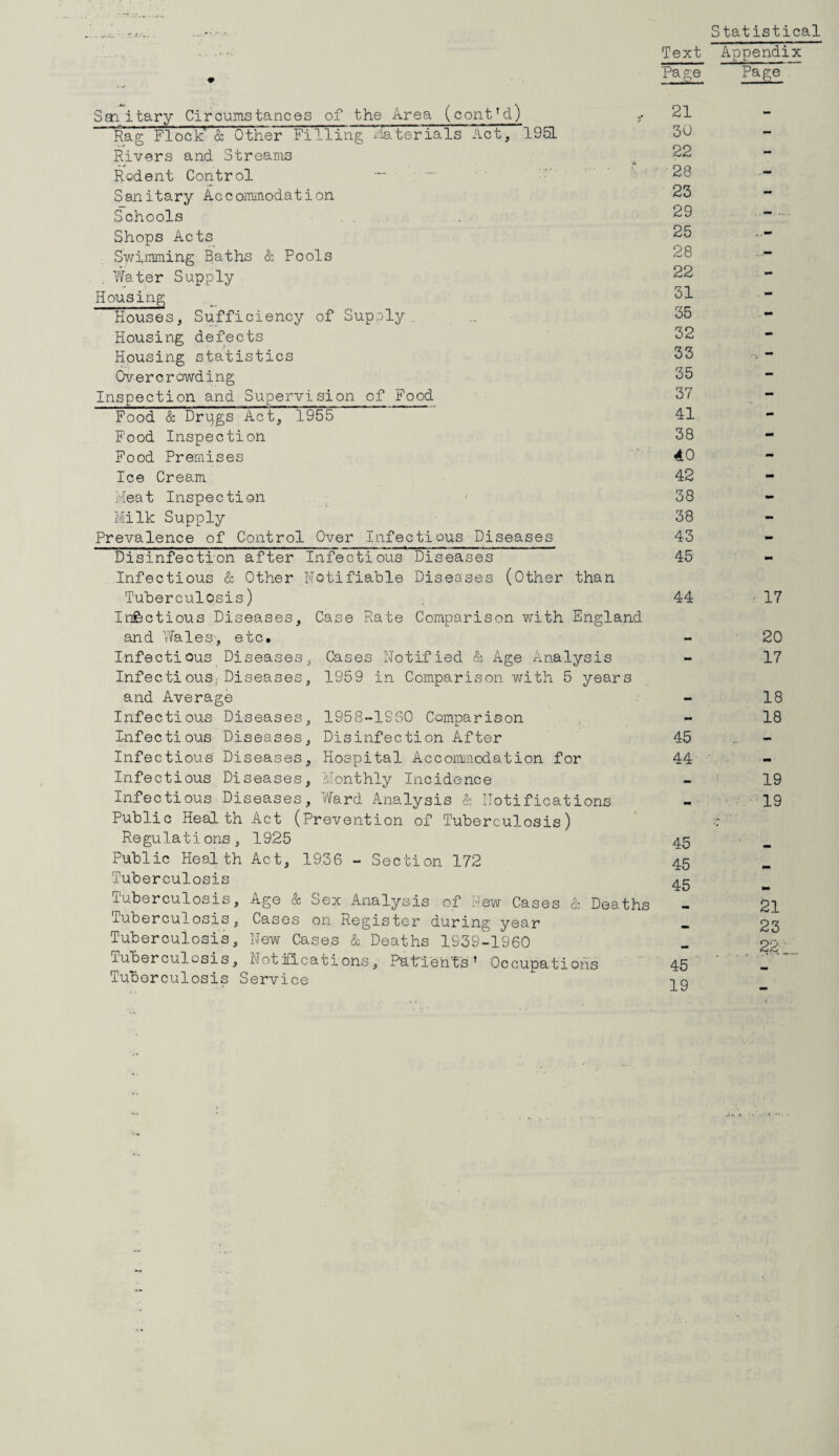 Statistical Text Appendix Page” Page Sai itary Circumstances of the Area (contM) - Rag Flock1 & Other Filling Piaterials Act, ” 195L Rivers and Streams Rodent Control Sanitary Accommodation Schools Shops Acts Swimming Baths & Pools Water Supply Housing Houses, Sufficiency of Supply Housing defects Housing statistics Overcrowding Inspection and Supervision of Food Food & Drugs Act, 1955 Food Inspection Food Premises Ice Cream Meat Inspection Milk Supply Prevalence of Control Over Infectious Diseases Disinfection after Infectious Diseases Infectious & Other Notifiable Diseases (Other than Tuberculosis) Infectious Diseases, Case Rate Comparison with England and Wales*, etc. Infectious Diseases, Cases Notified & Age Analysis InfectiouS;Diseases, 1959 in Comparison with 5 years and Average Infectious Diseases, 1958-1960 Comparison Infectious Diseases, Disinfection After Infectious Diseases, Hospital Accommodation for Infectious Diseases, Monthly Incidence Infectious Diseases, Ward Analysis & Notifications Public Health Act (Prevention of Tuberculosis) Regulations, 1925 Public Health Act, 1936 - Section 172 Tuberculosis Tuberculosis, Age & Sex Analysis of Few Cases & Deaths Tuberculosis, Cases on Register during year Tuberculosis, New Cases & Deaths 1939-1960 tuberculosis, Notifications, Pat’ieh'tsT Occupations Tuberculosis Service 21 30 22 28 23 29 25 28 22 31 35 32 33 35 37 41 38 40 42 38 38 43 45 44 45 44 45 45 45 45 19 17 20 17 18 18 19 19 21 23 22