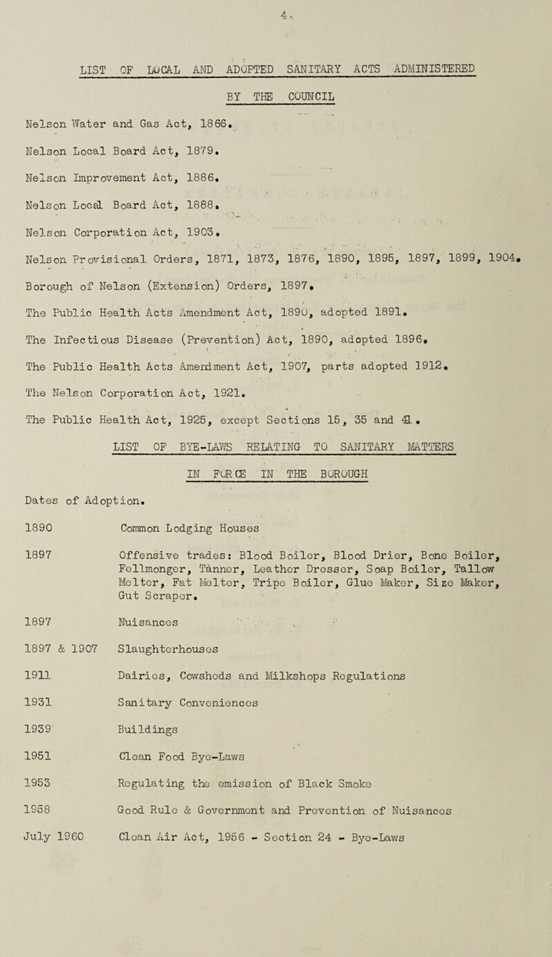 LIST OF LOCAL AND ADOPTED SANITARY ACTS ADMINISTERED BY TEE COUNCIL Nelson Water and Gas Act, 1866. Nelson Local Board Act, 1879. Nelson Improvement Act, 1886. Nelson Local Board Act, 1888. Nelson Corporation Act, 1903. Nelson Provisional Orders, 1871, 1873, 1876, 1890, 1895, 1897, 1899, 1904. X . Borough of Nelson (Extension) Orders, 1897. i. The Public Health Acts Amendment Act, 1890, adopted 1891. ■r The Infectious Disease (Prevention) Act, 1890, adopted 1896, ■ f • - ■ * ’ ' ’ ir : .* The Public Health Acts Amendment Act, 1907, parts adopted 1912, The Nelson Corporation Act, 1921. The Public Health Act, 1925, except Sections 15, 35 and 4L• LIST OF BYE-LAWS RELATING TO SANITARY MATTERS IN FORCE IN THE BOROUGH i. t. . Dates of Adoption. 1890 Common Lodging Houses 1897 Offensive trades: Blood Boiler, Blood Drier, Bone Boiler, Fellmonger, Tanner, Leather Dresser, Soap Boiler, Tallow Melter, Fat Melter. Tripe Boiler, Glue Maker, Size Maker, Gut Scraper. 1897 Nuisances 1897 & 1907 1911 1931 1939 1951 1953 1958 Slaughterhouses Dairies, Cowsheds and Milkshops Regulations Sanitary Conveniences Buildings Clean Food Bye-Laws Regulating the emission of Black Smoke Good Rule & Government and Prevention of Nuisances Clean Air Act, 1956 - Section 24 - Bye-Laws July 1960