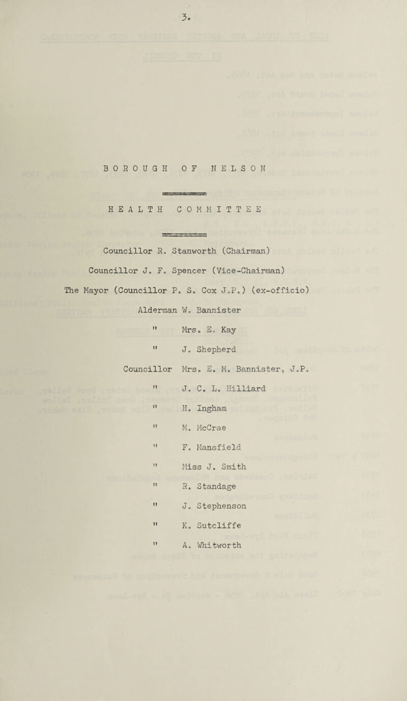 3c BOROUGH OF NELSON HEALTH COMMITTEE Councillor R, Stanworth (Chairman) Councillor J, Fo Spencer (Vice-Chairman) The Mayor (Councillor P. So Cox JcP0) (ex-officio) Alderman W„ Bannister MrSo E. Kay Jo Shepherd Councillor Mrs® E„ M, Bannister, J0P» M J9 Co L. Hilliard H, Ingham n M. McCrae F0 Mansfield Miss J. Smith M R. Standage M J„ Stephenson Ko Sutcliffe ii A0 Whitworth