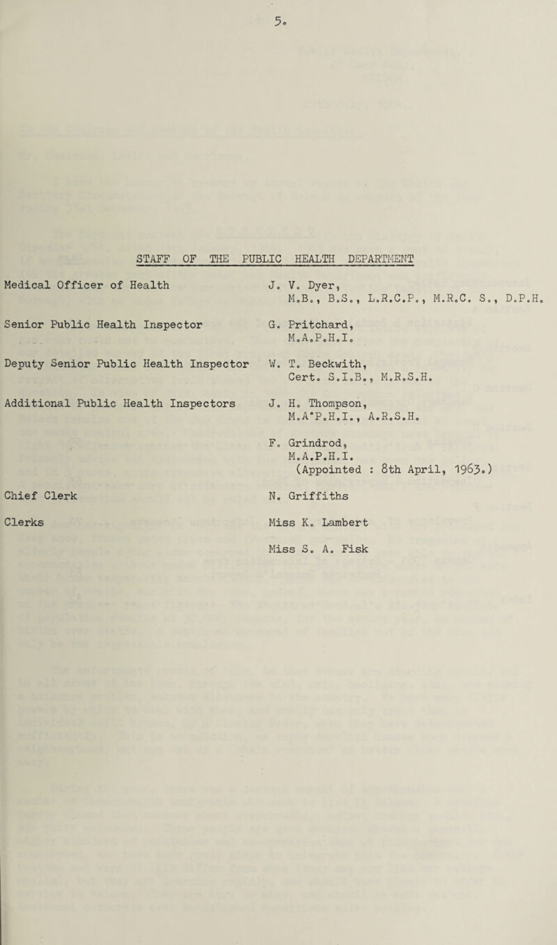 STAFF OF THE PUBLIC HEALTH DEPARTMENT Medical Officer of Health J„ V„ Dyer, M0Bo, BoSo, LoR.C.Po, M.RoC, S0, D.P.H0 Senior Public Health Inspector Go Pritchard, MoAoPoHolo Deputy Senior Public Health Inspector W. T. Beckwith, Cert® SoIoBo, M»R0S0H„ Additional Public Health Inspectors J„ H0 Thompson, MoA*P0H.I., AeR.S.Ho F0 Grindrod, MoA.P.H.I. (Appointed i 8th April, 1963°) Chief Clerk No Griffiths Clerks Miss K0 Lambert Miss S. A, Fisk