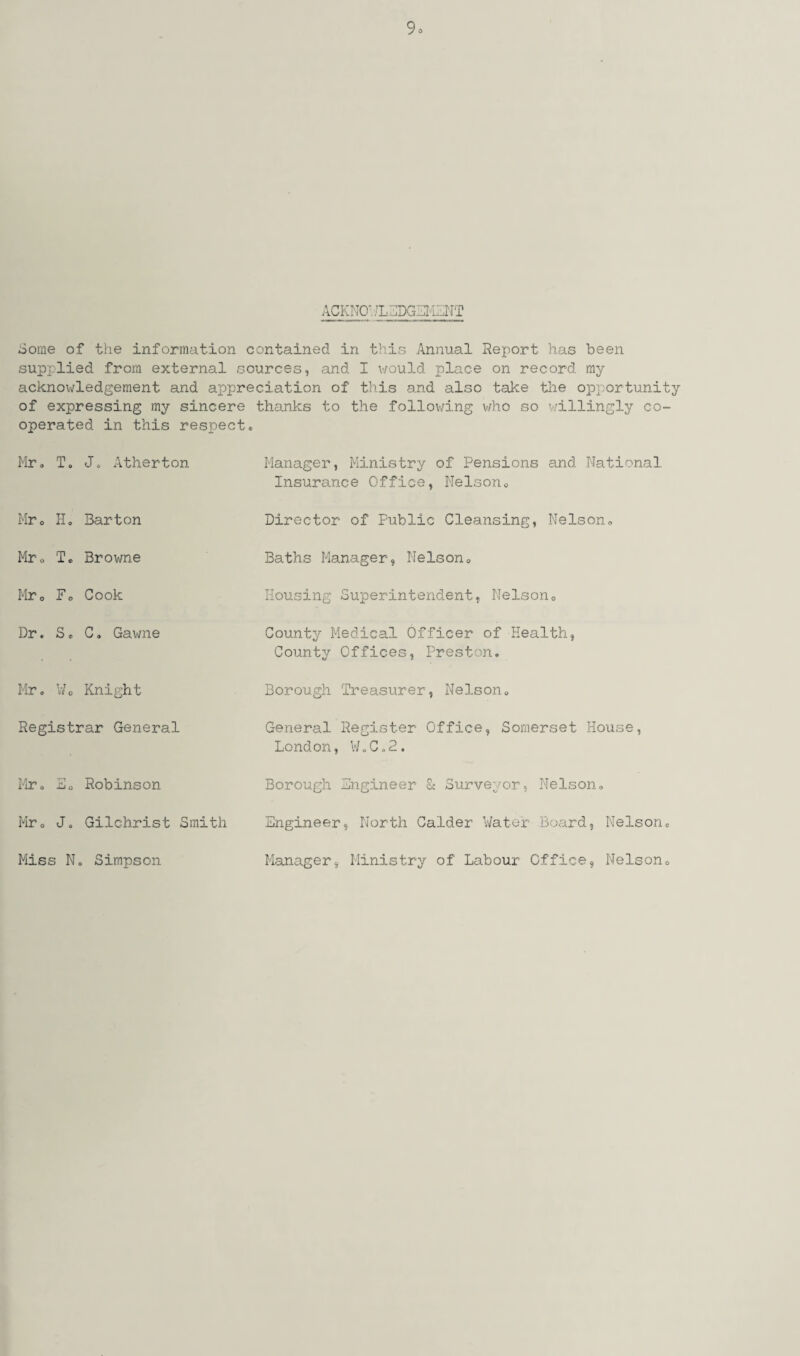9o acknowledgement -Some of the information contained in this Annual Report has been supplied from external sources, and I would place on record my acknowledgement and appreciation of this and also take the opportunity of expressing my sincere thanks to the following who so willingly co¬ operated in this respect® Mr, To Jo Atherton Manager, Ministry of Pensions and National Insurance Office, Nelson0 Mr, Ho Barton Director of Public Cleansing, Nelson, Mr, Te Browne Baths Manager, Nelson, Mr0 Fo Cook Housing Superintendent, Nelson, Dr. So Co Gawne County Medical Officer of Health, County Offices, Preston. Mr. Wo Knight Borough Treasurer, Nelson, Registrar General General Register Office, Somerset House, London, W.C.2. Mr. Bo Robinson Borough Engineer 8c Surveyor, Nelson, Mr0 Jo Gilchrist Smith Engineer, North Calder Water Board, Nelson. Miss No Simpson Manager, Ministry of Labour Office, Nelson,