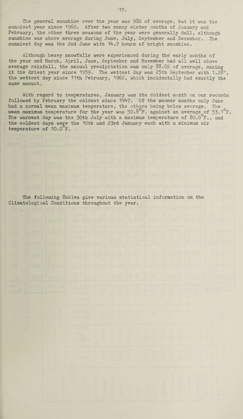 ■17. The general sunshine over the year was 98% of average, but it was the sunniest year since I96O0 After two sunny winter months of January and February, the other three seasons of the year were generally dull, although sunshine was above average during June, July, September and December. The sunniest day was the 2nd June with 1407 hours of bright sunshine0 Although heavy snowfalls were experienced during the early months of the year and March, April, June, September and November had all well above average rainfall, the annual precipitation was only 8806% of average, making it the driest year since 1959° The wettest day was 25th September with 1.28”, the wettest day since 11th February, 1962, which incidentally had exactly the same amount0 With regard to temperatures, January was the coldest month on our records followed by February the coldest since 19^7® Of the summer months only June had a normal mean maximum temperature, the others being below average0 The mean maximum temperature for the year was 9008 F0 against an average of 53d F. The warmest day was the 30th July with a maximum temperature of 80o0 F„, and the coldest days were the 10th and 23rd January each with a minimum air temperature of 10o0^Fo The following Tables give various statistical information on the Climatological Conditions throughout the year®