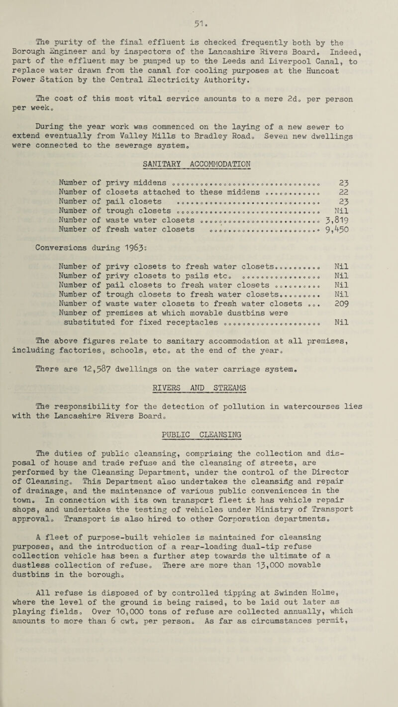 The purity of the final effluent is checked frequently both by the Borough Engineer and by inspectors of the Lancashire Rivers Boarde Indeed, part of the effluent may be pumped up to the Leeds and Liverpool Canal, to replace water drawn from the canal for cooling purposes at the Huncoat Power Station by the Central Electricity Authority. The cost of this most vital service amounts to a mere 2d. per person per weeko During the year work was commenced on the laying of a new sewer to extend eventually from Valley Mills to Bradley Roado Seven new dwellings were connected to the sewerage system0 SANITARY ACCOMMODATION Number Number Number Number Number Number of privy middens 0 .0 of closets attached to these middens of pail closets of trough closets eo o 0... of waste water closets ooo.oooooooo...o.o.a.o of fresh water closets 00000®000000®’»0®00a0000000000 • ooo®®eoaoo oo*>G»o®ooooc»eoo©*oc®cc®oo®co®oo oeooaoQo&eoootooooooo® O000«9O09CGC®eQ»0CO00O0 23 22 23 Nil 3,819 9,450 Conversions during 1963° Number of privy closets to fresh water closets.....»•..0 Nil Number of privy closets to pails etc. ..... 0........ 0.. Nil Number of pail closets to fresh water closets .......... Nil Number of trough closets to fresh water closets......0.. Nil Number of waste water closets to fresh water closets .0. 209 Number of premises at which movable dustbins were substituted for fixed receptacles ..................c. Nil The above figures relate to sanitary accommodation at all premises, including factories, schools, etcQ at the end of the year. There are 12,38? dwellings on the water carriage system. RIVERS AND STREAMS The responsibility for the detection of pollution in watercourses lies with the Lancashire Rivers Board0 PUBLIC CLEANSING The duties of public cleansing, comprising the collection and dis¬ posal of house and trade refuse and the cleansing of streets, are performed by the Cleansing Department, under the control of the Director of Cleansing. This Department also undertakes the cleansiflg and repair of drainage, and the maintenance of various public conveniences in the town. In connection with its own transport fleet it has vehicle repair shops, and undertakes the testing of vehicles under Ministry of Transport approval. Transport is also hired to other Corporation departments. A fleet of purpose-built vehicles is maintained for cleansing purposes, and the introduction of a rear-loading dual-tip refuse collection vehicle has been a further step towards the ultimate of a dustless collection of refuse. There are more than 13,000 movable dustbins in the borough. All refuse is disposed of by controlled tipping at Swinden Holme, where the level of the ground is being raised, to be laid out later as playing fields. Over 10,000 tons of refuse are collected annually, which amounts to more than 6 cwt. per person. As far as circumstances permit,