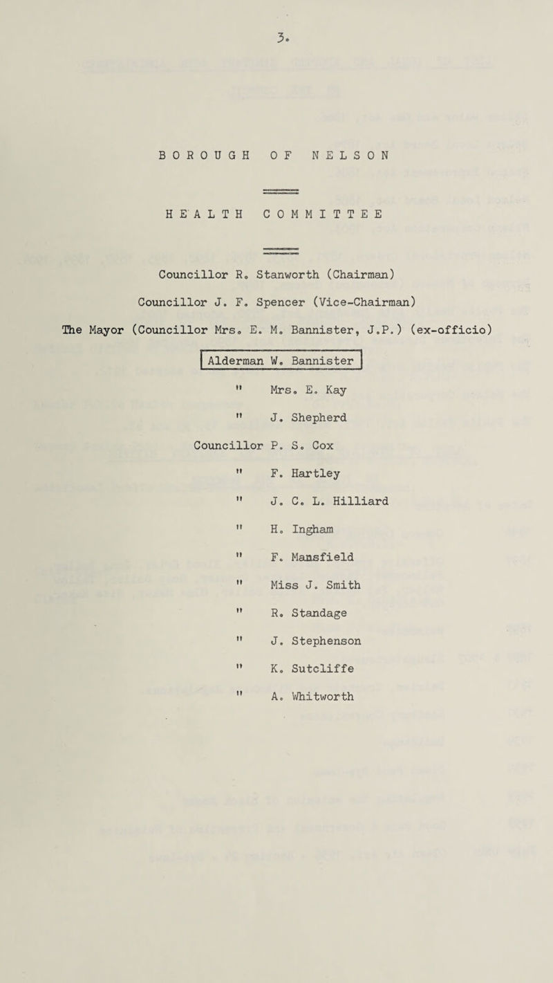 3* BOROUGH OF NELSON HEALTH COMMITTEE Councillor R0 Stanworth (Chairman) Councillor J. F, Spencer (Vice-Chairman) The Mayor (Councillor Mrs* E. M„ Bannister, J.P.) (ex-officio) Alderman W* Bannister  Mrs* E. Kay M J. Shepherd Councillor P. S» Cox  F0 Hartley  Jo C. L. Hilliard  Ho Ingham  Fo Mansfield  Miss J. Smith  R. Standage  J* Stephenson  K0 Sutcliffe ” Ao Whitworth