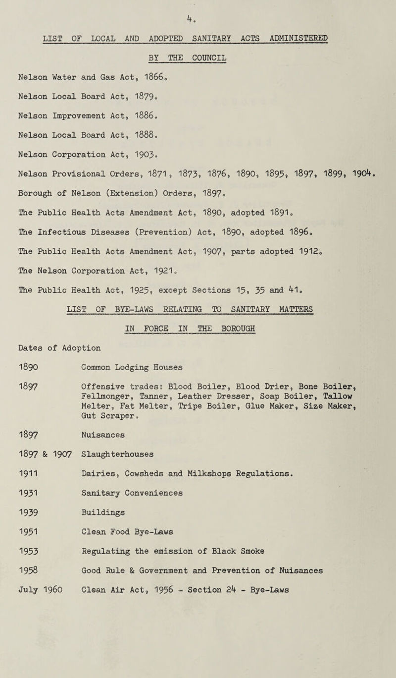 LIST OF LOCAL AND ADOPTED SANITARY ACTS ADMINISTERED BY THE COUNCIL Nelson Water and Gas Act, 1866 0 Nelson Local Board Act, 1879° Nelson Improvement Act, 1886. Nelson Local Board Act, 1888. Nelson Corporation Act, 1903® Nelson Provisional Orders, 18?1 , 1873, 1876, I890, 1893, 1897, 1899, 1904. Borough of Nelson (Extension) Orders, 1897° The Public Health Acts Amendment Act, 1890, adopted I89I0 The Infectious Diseases (Prevention) Act, 1890, adopted 18960 The Public Health Acts Amendment Act, 1907, parts adopted 19120 The Nelson Corporation Act, 1921» Hie Public Health Act, 1923? except Sections 13, 33 and 4l<> LIST OF BYE-LAWS RELATING TO SANITARY MATTERS IN FORCE IN THE BOROUGH Dates of Adoption 1890 Common Lodging Houses 1897 Offensive tradess Blood Boiler, Blood Drier, Bone Boiler, Fellmonger, Tanner, Leather Dresser, Soap Boiler, Tallow Melter, Fat Melter, Tripe Boiler, Glue Maker, Size Maker, Gut Scraper, 1897 Nuisances 1897 & 1907 1911 1931 Slaughterhouses Dairies, Cowsheds and Milkshops Regulations. Sanitary Conveniences 1939 Buildings 1931 1933 1958 July i960 Clean Food Bye-Laws Regulating the emission of Black Smoke Good Rule & Government and Prevention of Nuisances Clean Air Act, 1956 - Section 24 - Bye-Laws