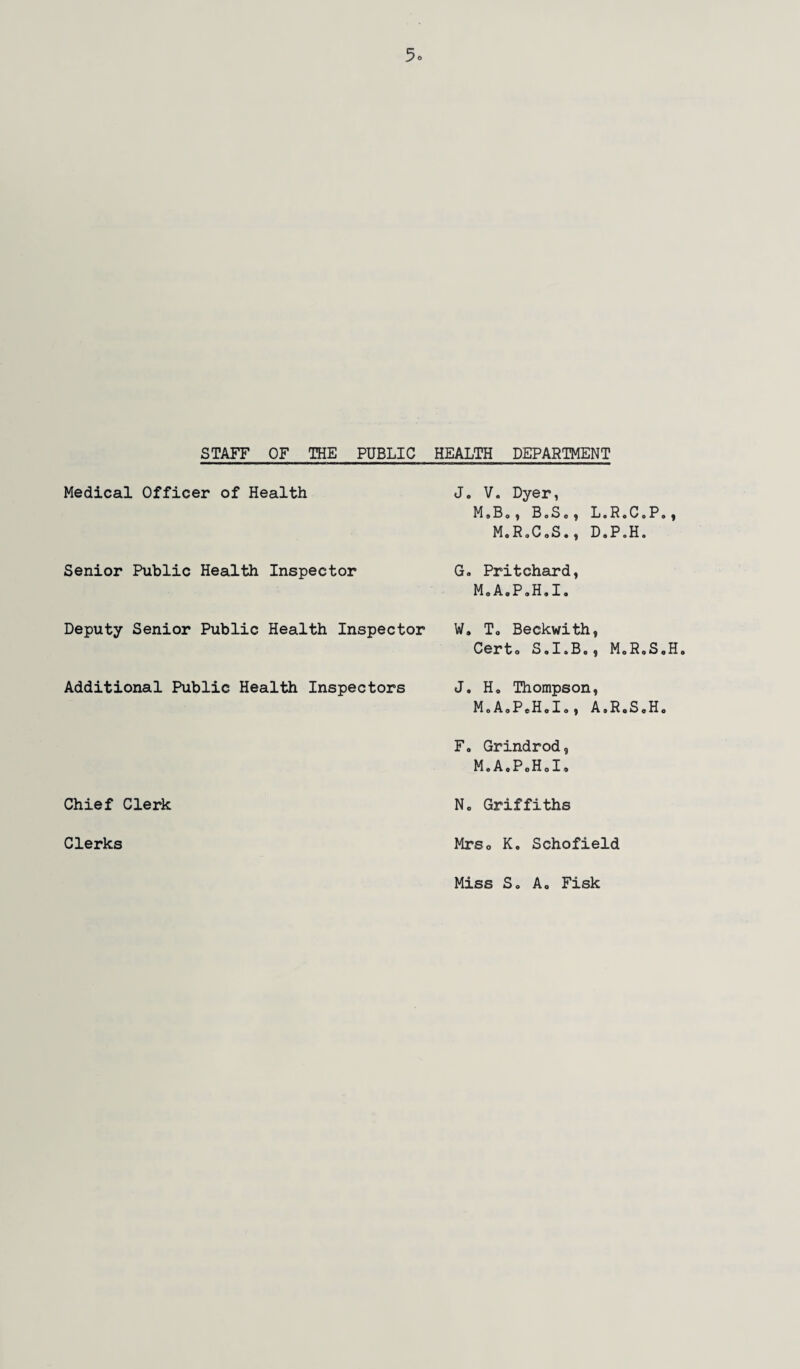STAFF OF THE PUBLIC Medical Officer of Health Senior Public Health Inspector Deputy Senior Public Health Inspector Additional Public Health Inspectors Chief Clerk Clerks HEALTH DEPARTMENT J. V. Dyer, M«B 0, B„S„, LoRoCoPo, M0R0C0S., D.P.H. G. Pritchard, M.A.P.H.I. W. To Beckwith, Certo S.I.Bo, MoR.S»H. J. Ho Thompson, MoAoP.HoIo, A»RoSoHo F. Grindrod, M.A0P0H0I0 No Griffiths Mrso K. Schofield Miss So A0 Fisk