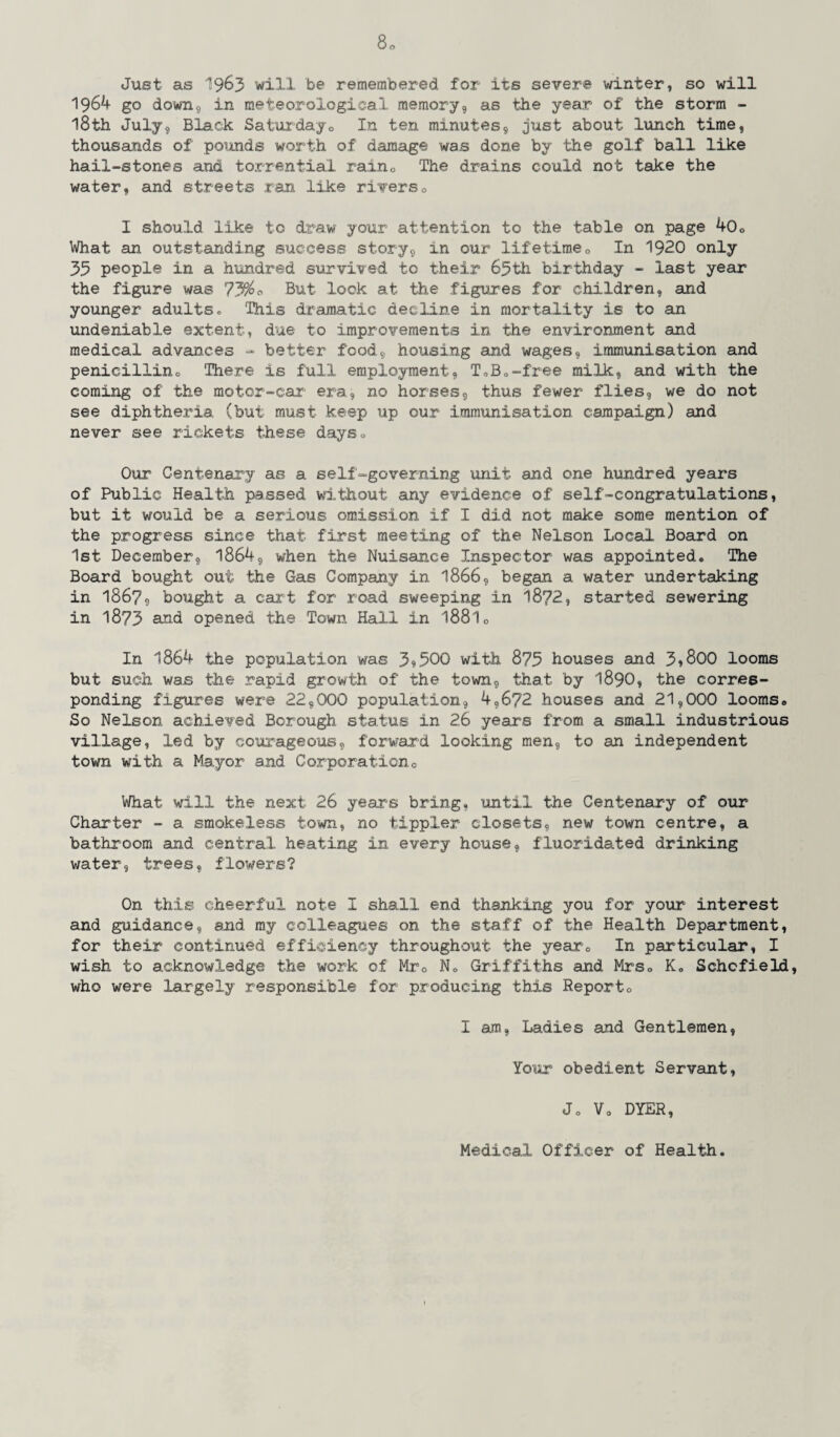 Bo Just as 1963 will be remembered for its severe winter, so will 1964 go down, in meteorological memory, as the year of the storm - 18th July, Black Saturdays In ten minutes9 just about lunch time, thousands of pounds worth of damage was done by the golf ball like hail-stones and torrential rainG The drains could not take the water, and streets ran like rivers„ I should like to draw your attention to the table on page 40o What an outstanding success story, in our lifetime0 In 1920 only 35 people in a hundred survived to their 65th birthday - last year the figure was 73$« But look at the figures for children, and younger adults. This dramatic decline in mortality is to an undeniable extent, due to improvements in the environment and medical advances - better food, housing and wages, immunisation and penicillino There is full employment, T.Bo-free milk, and with the coming of the motor-car era, no horses, thus fewer flies, we do not see diphtheria (but must keep up our immunisation campaign) and never see rickets these days0 Our Centenary as a self-governing unit and one hundred years of Public Health passed without any evidence of self-congratulations, but it would be a serious omission if I did not make some mention of the progress since that first meeting of the Nelson Local Board on 1st December, 1864, when the Nuisance Inspector was appointed. The Board bought out the Gas Company in 1866, began a water undertaking in 1867, bought a cart for road sweeping in 18?2, started sewering in 1873 and opened the Town Hall in l88l0 In 1864 the population was 3«500 with 875 houses and 3»800 looms but such was the rapid growth of the town, that by 1890, the corres¬ ponding figures were 22,000 population, 4,6?2 houses and 21,000 looms0 So Nelson achieved Borough status in 26 years from a small industrious village, led by courageous, forward looking men, to an independent town with a Mayor and Corporationc What will the next 26 years bring, until the Centenary of our Charter - a smokeless town, no tippler closets, new town centre, a bathroom and central heating in every house, fluoridated drinking water, trees, flowers? On this cheerful note I shall end thanking you for your interest and guidance, and my colleagues on the staff of the Health Department, for their continued efficiency throughout the year0 In particular, I wish to acknowledge the work of Mr<> N. Griffiths and Mrs0 K„ Schofield, who were largely responsible for producing this Report0 I am, Ladies and Gentlemen, Your obedient Servant, Jo Vo DYER, Medical Officer o.f Health.