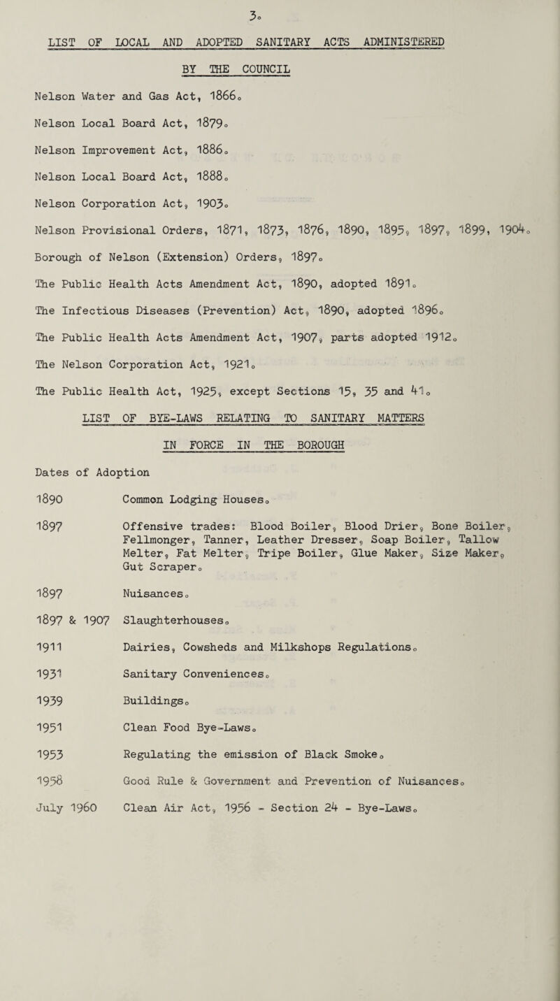 3° LIST OF LOCAL AND ADOPTED SANITARY ACTS ADMINISTERED BY THE COUNCIL Nelson Water and Gas Act, 18660 Nelson Local Board Act, 1879° Nelson Improvement Act, l886o Nelson Local Board Act, 18880 Nelson Corporation Act, 1903° Nelson Provisional Orders, 1871, 1873? 1876, 1890, 1895? 1897? l899i 1904o Borough of Nelson (Extension) Orders, 1897° The Public Health Acts Amendment Act, 1890, adopted 1891° The Infectious Diseases (Prevention) Act, 1890, adopted I8960 The Public Health Acts Amendment Act, 1907* parts adapted 1912<> The Nelson Corporation Act, 19210 The Public Health Act, 192.5? except Sections 15? 35 and 4l0 LIST OF BYE-LAWS RELATING TO SANITARY MATTERS IN FORCE IN THE BOROUGH Dates of Adoption 1890 Common Lodging Houses0 1897 Offensive trades? Blood Boiler, Blood Drier, Bone Boiler, Fellmonger, Tanner, Leather Dresser, Soap Boiler, Tallow Melter, Fat Melter, Tripe Boiler, Glue Maker, Size Maker, Gut Scrapero 1897 Nuisanceso 1897 & 1907 Slaughterhouseso 1911 Dairies, Cowsheds and Milkshops Regulations0 193^ Sanitary Conveniences0 1939 Buildingso I95I Clean Food Bye-Laws0 1953 1958 July i960 Regulating the emission of Black Smoke0 Good Rule & Government and Prevention of Nuisances0 Clean Air Act, 1956 - Section 24 - Bye-Laws0
