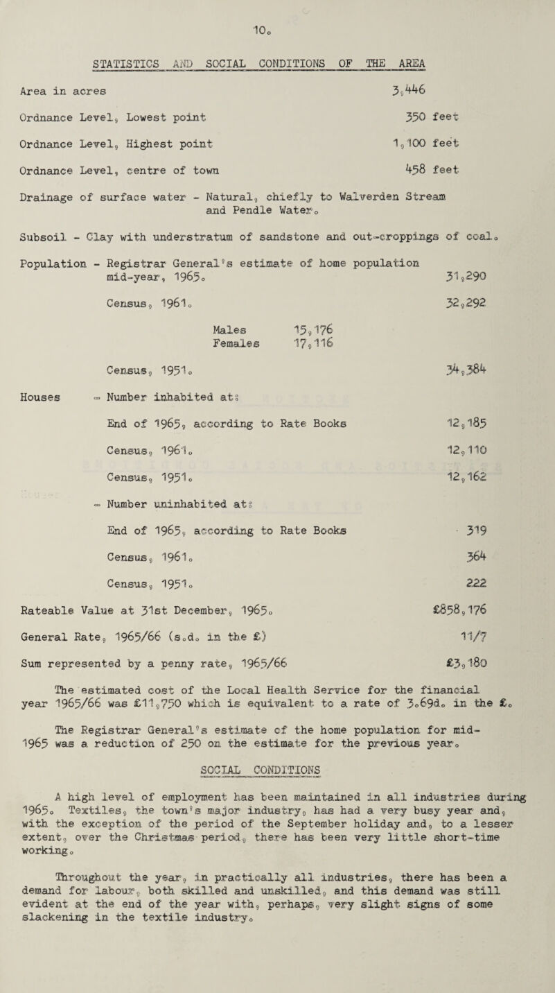 10c STATISTICS AND SOCIAL CONDITIONS OF ‘THE AREA Area in acres Ordnance Levels Lowest point Ordnance Level, Highest point Ordnance Level, centre of town 3,446 350 feet 1,100 feet 458 feet Drainage of surface water - Natural, chiefly to Walverden Stream and Pendle Wafero Subsoil - Clay with understratum of sandstone and out-croppings of coal, Population - Registrar General^s estimate of home population raid-year, 1965° 31,290 Census, I96I0 32,292 Males 15,176 Females ■17,116 Census, 19510 34,384 Houses - Number inhabited ats End of 1965? according to Rate Books 12,185 Census, I96I0 12,110 Census, 1951° 12,162 - Number uninhabited ats End of 1965? according to Rate Books ■ 319 Census, I96I0 364 Census, 1951° 222 Rateable Value at 31st December, 1965° £858,176 General Rate, 1965/66 (sodo in the £) 11/7 Sum represented by a penny rate, 1965/66 £3,180 The estimated cost of the Local Health Service for the financial year 1965/66 was £11,750 which is equivalent to a rate of 3°69do in the £c The Registrar General°s estimate of the home population for mid- 1965 was a reduction of 250 on the estimate for the previous year<> SOCIAL CONDITIONS A high level of employment has been maintained in all industries during 1965o Textiles, the town5® major industry, has had a very busy year and, with the exception of the period of the September holiday and, to a lesser extent, over the Christmas-period, there has been very little short-time working o Throughout the year, in practically all industries, there has been a demand for labour, both skilled and unskilled, and this demand was still evident at the end of the year with, perhaps, very slight signs of some slackening in the textile Industryo