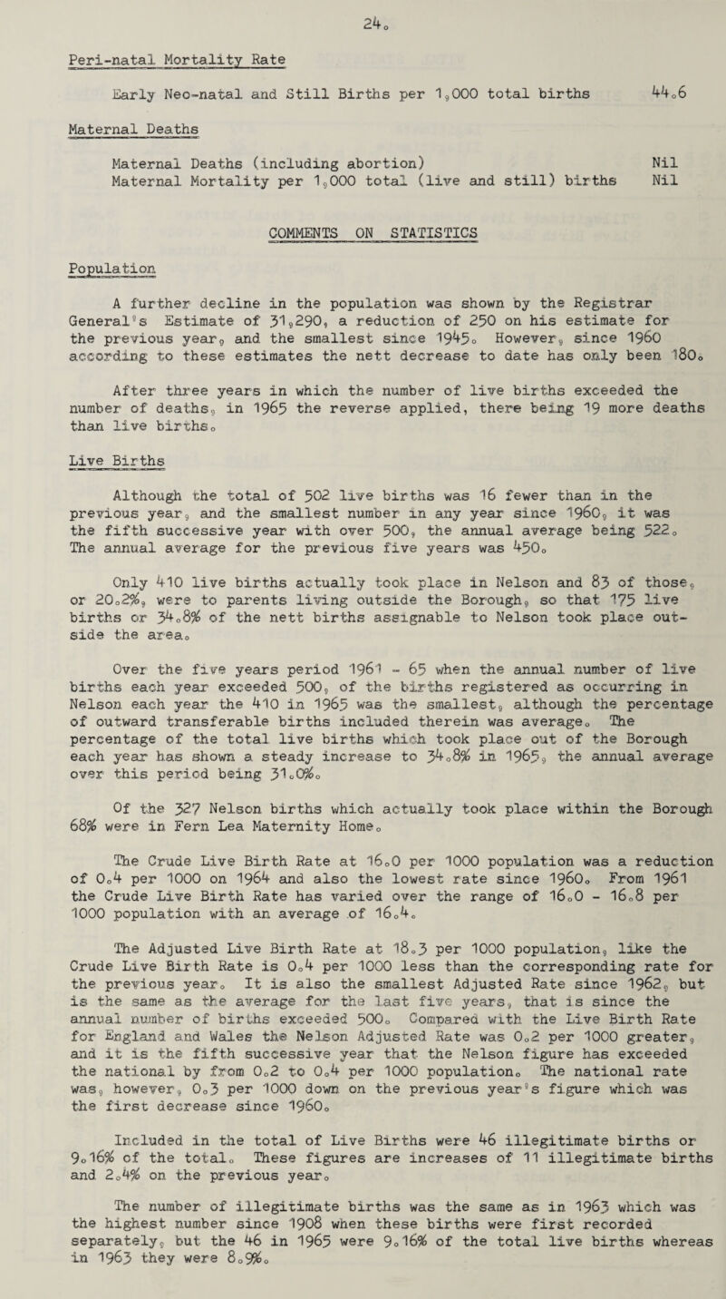 Peri-natal Mortality Rate Early Neo-natal and Still Births per 1,000 total births 4406 Maternal Deaths Maternal Deaths (including abortion) Nil Maternal Mortality per 1,000 total (live and still) births Nil COMMENTS ON STATISTICS A further decline in the population was shown by the Registrar General°s Estimate of y\,290, a reduction of 250 on his estimate for the previous year9 and the smallest since 1945° However, since i960 according to these estimates the nett decrease to date has only been l80o After three years in which the number of live births exceeded the number of deaths, in 1965 the reverse applied, there being 19 more deaths than live births0 Live Births Although the total of 502 live births was 16 fewer than in the previous year, and the smallest number in any year since i960, it was the fifth successive year with over 5009 the annual average being 5220 The annual average for the previous five years was 450o Only 410 live births actually took place in Nelson and 83 of those, or 20o2%, were to parents living outside the Borough, so that 175 live births or 34o8% of the nett births assignable to Nelson took place out¬ side the area0 Over the five years period 1961 - 65 when the annual number of live births each year exceeded 500, of the births registered as occurring in Nelson each year the 410 in 1965 was the smallest, although the percentage of outward transferable births included therein was average0 The percentage of the total live births which took place out of the Borough each year has shown a steady increase to 34 08% in 196.5 9 the annual average over this period being 3'*oG%o Of the 327 Nelson births which actually took place within the Borough 68% were in Fern Lea Maternity Home0 The Crude Live Birth Rate at l6o0 per 1000 population was a reduction of 0o4 per 1000 on 1964 and also the lowest rate since I96O0 From 1961 the Crude Live Birth Rate has varied over the range of l6o0 - l6„8 per 1000 population with an average of l6040 The Adjusted Live Birth Rate at 18o3 per 1000 population, like the Crude Live Birth Rate is 0o4 per 1000 less than the corresponding rate for the previous yearQ It is also the smallest Adjusted Rate since 1962, but is the same as the average for the last five years, that is since the annual number of births exceeded 500o Compared with the Live Birth Rate for England and Wales the Nelson Adjusted Rate was 0o2 per 1000 greater, and it is the fifth successive year that the Nelson figure has exceeded the national by from 0o2 to 0o4 per 1000 population0 The national rate was, however, 0o3 per 1000 down, on the previous year°s figure which was the first decrease since I96O0 Included in the total of Live Births were 46 illegitimate births or 9d6% of the totalo These figures are increases of 11 illegitimate births and 204% on the previous yearQ The number of illegitimate births was the same as in 1963 which was the highest number since 1908 when these births were first recorded separately, but the 46 in 1965 were 9°l6% of the total live births whereas in 196.3 they were 809%o