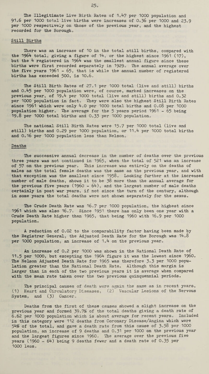 The Illegitimate Live Birth Rates of 1Q47 per 1000 population and 9106 per 1000 total live births were increases of 0o36 per 1000 and 23,9 per 1000 respectively on those of the previous year, and the highest recorded for the Borough0 Still Births There was an increase of 10 in the total still births, compared with the 1964 total, giving a figure of 14, or the highest since 1961 (17)? but the 4 registered in 1964 was the smallest annual figure since these births were first recorded separately in 1929° The annual average over the five years 1961 - 65, that is while the annual number of registered births has exceeded 500, is 10o6o The Still Birth Rates of 27° 1 per 1000 total (live and still) births and 0o45 per 1000 population were, of course, marked increases on the previous year, of 19°4 per 1000 total (live and still) births and 0o32 per 1000 population in facto They were also the highest Still Birth Rates since 1961 which were only 4o0 per 1000 total births and 0o08 per 1000 population higherQ The average for the 5 years period 1961 - 65 being 19o8 per 1000 total births and 0o33 per 1000 population0 The national Still Birth Rates were 15o7 per 1000 total (live and still) births and 0o29 per 1000 population, or 1104 per 1000 total births and 0ol6 per 1000 population less than Nelson0 Deaths The successive annual decrease in the number of deaths over the previous three years was not continued in 1965? when the total of 521 was an increase of 57 on the previous yearo This increase was entirely on the deaths of males as the total female deaths was the same as the previous year, and with that exception was the smallest since 1958° Looking further at the increased number of male deaths, shows it to be 38 more than the annual average for the previous five years (i960 - 64), and the largest number of male deaths certainly in post war years, if not since the turn of the century, although in some years the total deaths were not shown separately for the sexes. Hie Crude Death Rate was 16o7 per 1000 population, the highest since 1961 which was also l6o7° Since 1951 there has only been one year with a Crude Death Rate higher than 1965? that being i960 with 16<>9 per 1000 populationo A reduction of 0o02 to the comparability factor having been made by the Registrar General, the Adjusted Death Rate for the Borough was 1408 per 1000 population, an increatse of 1C4 on the previous yearc An increase of 0o2 per 1000 was shown in the National Death Rate of 11o5 per 1000, but excepting the 1964 figure it was the lowest since I96O0 The Nelson Adjusted Death Rate for 1965 was therefore 3°3 per 1000 popu¬ lation greater than the National Death Ra.te0 Although this margin is larger than, in each of the two previous years it is average when compared with the mean rate taken over the two previous quinquennial, periods. The principal causes of death were again the same as in recent years, (1) Heart and Circulatory Diseases, (2) Vascular' Lesions of the Nervous System, and (3) Cancero Deaths from the first of these causes showed a slight increase on the previous year and formed 39°7% of the total deaths giving a death rate of 6062 per 1000 population which is about average for recent years0 Included in this category were 112 deaths from Coronary Disease/Angina which were 54% of the total, and gave a death rate from this cause of 3°58 per 1000 population, an increase of 9 deaths and 0o31 per 1000 on the previous year and the largest figures since I96O0 The average over the previous five years (i960 ■= 64) being 9 deaths fewer and a death rate of 0o35 per 1000 lesso