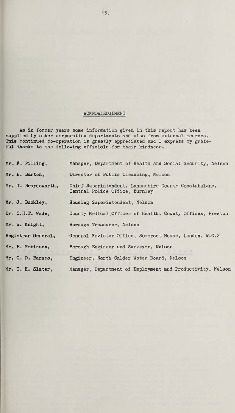 ACKNOWLEDGEMENT Ab in former years some information given in this report has been supplied by other corporation departments and also from external sourcesQ This continued co-operation is greatly appreciated and I express my grate¬ ful thanks to the following officials for their kindness. Mr. F. Pilling, Manager, Department of Health and Social Security, Nelson Mr. H. Barton, Director of Public Cleansing, Nelson Mr. T. Beardsworth, Chief Superintendent, Lancashire County Constabulary, Central Police Office, Burnley Mr. J. Buckley, Housing Superintendent, Nelson Dr. C.H.T. Wade, County Medical Officer of Health, County Offices, Preston Mr. Wo Knight, Borough Treasurer, Nelson Registrar General, General Register Office, Somerset House, London, W.C.2 Mr. E. Robinson, Borough Engineer and Surveyor, Nelson Mr. C. D. Barnes, Engineer, North Calder Water Board, Nelson Mr. T. Ho Slater, Manager, Department of Employment and Productivity, Nelson