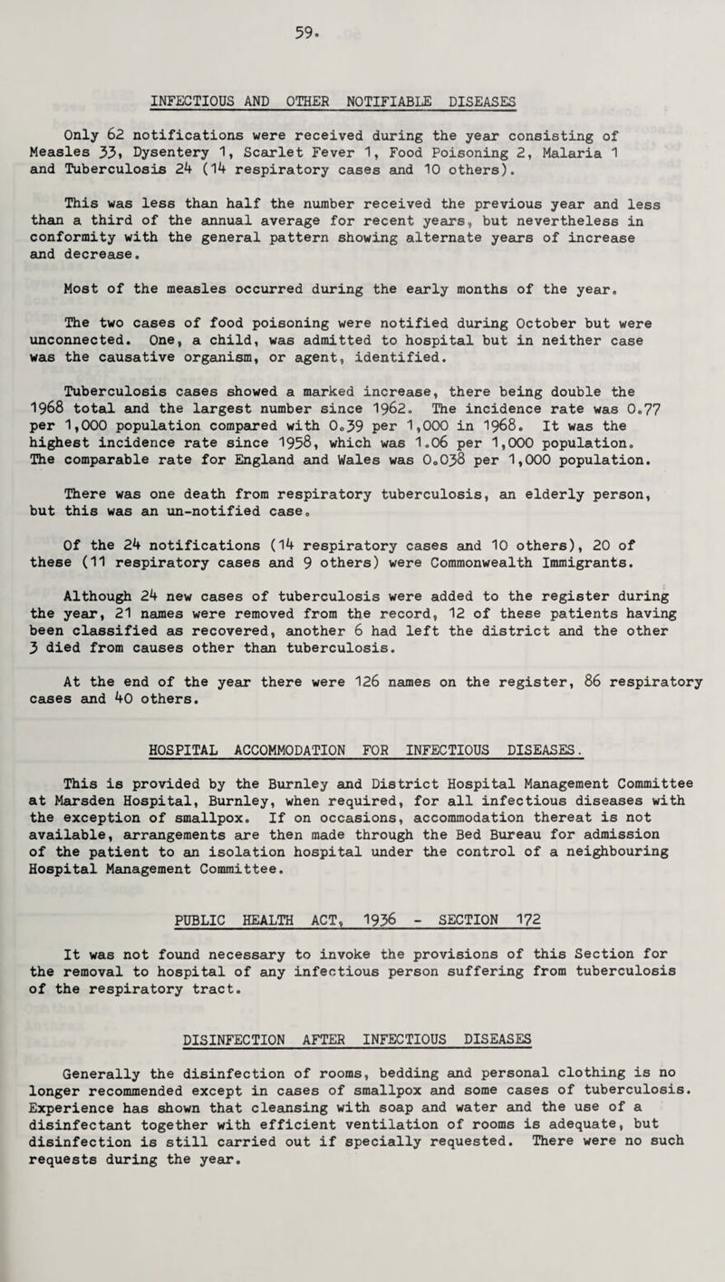 INFECTIOUS AND OTHER NOTIFIABLE DISEASES Only 62 notifications were received during the year consisting of Measles 33* Dysentery 1, Scarlet Fever 1, Food Poisoning 2, Malaria 1 and Tuberculosis 24 (14 respiratory cases and 10 others). This was less than half the number received the previous year and less than a third of the annual average for recent years, but nevertheless in conformity with the general pattern showing alternate years of increase and decrease. Most of the measles occurred during the early months of the year. The two cases of food poisoning were notified during October but were unconnected. One, a child, was admitted to hospital but in neither case was the causative organism, or agent, identified. Tuberculosis cases showed a marked increase, there being double the 1968 total and the largest number since 1962. The incidence rate was 0.77 per 1,000 population compared with 0.39 per 1,000 in 1968. It was the highest incidence rate since 1958, which was 1.06 per 1,000 population. The comparable rate for England and Wales was 0.038 per 1,000 population. There was one death from respiratory tuberculosis, an elderly person, but this was an un-notified case. Of the 24 notifications (14 respiratory cases and 10 others), 20 of these (11 respiratory cases and 9 others) were Commonwealth Immigrants. Although 24 new cases of tuberculosis were added to the register during the year, 21 names were removed from the record, 12 of these patients having been classified as recovered, another 6 had left the district and the other 3 died from causes other than tuberculosis. At the end of the year there were 126 names on the register, 86 respiratory cases and 40 others. HOSPITAL ACCOMMODATION FOR INFECTIOUS DISEASES. This is provided by the Burnley and District Hospital Management Committee at Marsden Hospital, Burnley, when required, for all infectious diseases with the exception of smallpox. If on occasions, accommodation thereat is not available, arrangements are then made through the Bed Bureau for admission of the patient to an isolation hospital under the control of a neighbouring Hospital Management Committee. PUBLIC HEALTH ACT, 1936 - SECTION 172 It was not found necessary to invoke the provisions of this Section for the removal to hospital of any infectious person suffering from tuberculosis of the respiratory tract. DISINFECTION AFTER INFECTIOUS DISEASES Generally the disinfection of rooms, bedding and personal clothing is no longer recommended except in cases of smallpox and some cases of tuberculosis. Experience has shown that cleansing with soap and water and the use of a disinfectant together with efficient ventilation of rooms is adequate, but disinfection is still carried out if specially requested. There were no such requests during the year.