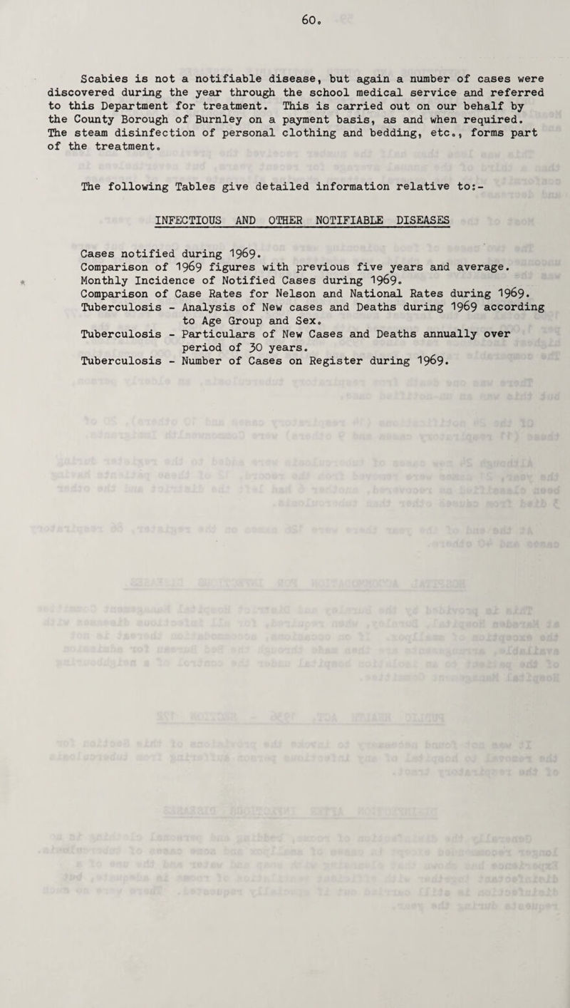 Scabies is not a notifiable disease, but again a number of cases were discovered during the year through the school medical service and referred to this Department for treatment. This is carried out on our behalf by the County Borough of Burnley on a payment basis, as and when required. The steam disinfection of personal clothing and bedding, etc., forms part of the treatment. The following Tables give detailed information relative to:- INFECTIOUS AND OTHER NOTIFIABLE DISEASES Cases notified during 1969. Comparison of I969 figures with previous five years and average. Monthly Incidence of Notified Cases during 1969* Comparison of Case Rates for Nelson and National Rates during 19^9* Tuberculosis - Analysis of New cases and Deaths during 1969 according to Age Group and Sex. Tuberculosis - Particulars of New Cases and Deaths annually over period of J>0 years. Tuberculosis - Number of Cases on Register during 1969*