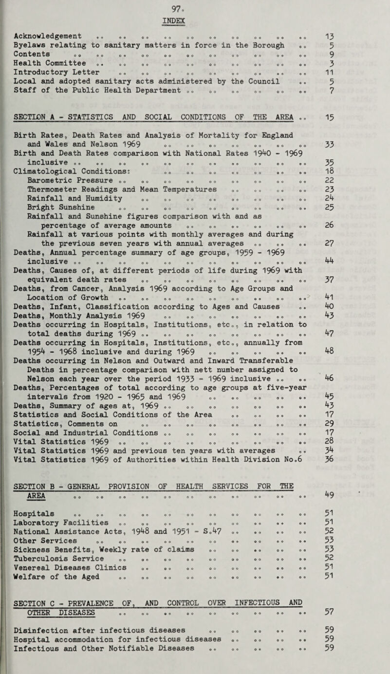 INDEX Acknowledgement «o o © oo oo oo oo oo oo oo Byelaws relating to sanitary matters in force in the Borough Contents oo oo oo oo oo oo oo oo oo oo Health Committee o• oo oo oo oo oo oo oo oo Introductory Letter o« o0 »© 00 o» Local and adopted sanitary acts administered by the Council Staff of the Public Health Department o© OD o© 00 00 o o o o o o o o o o o o 13 5 9 3 11 5 7 SECTLON A - STATISTICS AND SOCIAL CONDITIONS OF THE AREA 15 Birth Rates, Death Rates and Analysis of Mortality for England and Wales and Nelson 1969 oo oo 00 00 O0 O0 0© 33 Birth and Death Rates comparison with National Rates 1940 - 1969 inClUSlVSoo oo OO 00 oo oo oo oo oo oo oo 35 Climatological Conditions; oc oo 00 O0 co oo oo l8 Barometric Pressure 00 QO »o oc 00 O0 0O 0» »» 22 Thermometer Readings and Mean Temperatures 0o D0 O0 oo 23 Rainfall and Humidity 00 0© oo 0© o© »o ©o oo 24 Bright Sunshine oo oo oo oo oo oo oo oo oo 25 Rainfall and Sunshine figures comparison with and as percentage of average amounts o© 00 co «© 0 © o © 26 Rainfall at various points with monthly averages and during the previous seven years with annual averages ©o 00 00 27 Deaths, Annual percentage summary of age groups, 1959 - 1969 inclusive oo oo oo oo oo oo oo 00 OO 00 oo 44 Deaths, Causes of, at different periods of life during 1969 with equivalent death rates oo oo oo oo oo oo oo oo 37 Deaths, from Cancer, Analysis 1969 according to Age Groups and Location of Growth oo oo oo oo oo oo oo oo oo 4l Deaths, Infant, Classification according to Ages and Causes 0. 40 Deaths, Monthly Analysis 1969 «° °° oo oo o© co o© 43 Deaths occurring in Hospitals, Institutions, etc©, in relation to total deaths during 1969 o. ©© ©0 »© OD o© oo ©o 4? Deaths occurring in Hospitals, Institutions, etc©, annually from 1954 - 1968 inclusive and during 1969 00 o© o© o© »0 48 Deaths occurring in Nelson and Outward and Inward Transferable Deaths in percentage comparison with nett number assigned to Nelson each year over the period 1933 - 1969 inclusive o» 46 Deaths, Percentages of total according to age groups at five-year intervals from 1920 - 1965 and 1969 °© °° °° °° ©• 45 Deaths, Summary of ages at, 1969 o© o© 00 ©o 00 o© ©o 43 Statistics and Social Conditions of the Area 0© ©o 0© 00 17 Statistics, Comments on 00 00 00 00 00 00 o© 00 29 Social and Industrial Conditions o© 00 ©© o© ©© 00 o© 17 Vital Statistics 1969 °° °° °° °° °° °° °° °° 00 28 Vital Statistics 1969 and previous ten years with averages o© 34 Vital Statistics 1969 of Authorities within Health Division No©6 36 SECTION B - GENERAL PROVISION OF HEALTH SERVICES FOR THE AREA 00 00 0 0 0 0 00 00 0 0 0 0 0 0 0 0 0 0 49 Hospitals 00 00 0 0 0 0 00 00 0 0 0 0 0 0 0 0 0 0 51 Laboratory Facilities 0 0 0 0 00 00 0 0 0 0 0 0 0 0 0 a 51 National Assistance Acts, 1948 and 1951 ~ So47 0 0 0 0 0 0 O 0 52 Other Services oc 0 0 0 0 00 00 0 0 0 0 0 0 0 0 O 9 53 Sickness Benefits, Weekly rate of claims 0 0 0 0 0 0 0 0 O O 53 Tuberculosis Service 0 0 0 0 00 00 0 0 0 0 0 0 0 0 O O 52 Venereal Diseases Clinics 0 0 00 00 0 0 0 0 0 0 0 0 O O 51 Welfare of the Aged 0 0 0 0 00 00 0 0 0 0 0 0 0 0 O O 51 SECTION C - PREVALENCE OF, AND CONTROL OVER INFECTIOUS AND OTHER DISEASES oo oo oo oo 0 0 0 0 0 0 0 0 0 0 57 Disinfection after infectious diseases 0 0 0 0 0 0 0 0 0 0 59 Hospital accommodation for infectious diseases 0 0 0 0 0 0 0 0 59 Infectious and Other Notifiable Diseases 0 © 0 0 0 0 0 0 0 0 59