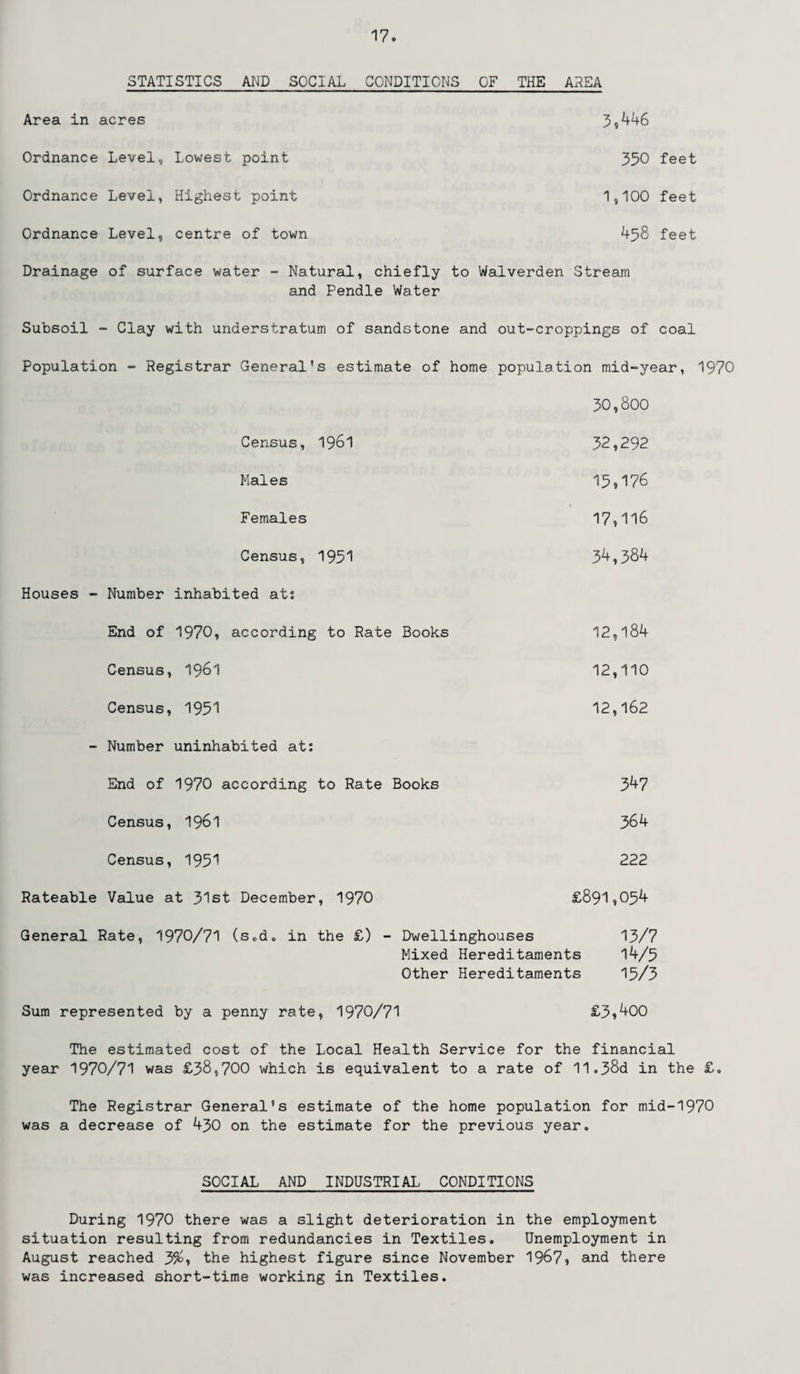 STATISTICS AND SOCIAL CONDITIONS OF THE AREA Area in acres Ordnance Level, Lowest point Ordnance Level, Highest point Ordnance Level, centre of town 3,446 350 feet 1,100 feet 458 feet Drainage of surface water - Natural, chiefly to Waiverden Stream and Pendle Water Subsoil - Clay with understratum of sandstone and out-croppings of coal Population - Registrar General's estimate of home population mid-year, 1970 30,800 Census, 1961 32,292 Males 15,176 Females 17,116 Census, 1951 34,384 Houses - Number inhabited at: End of 1970, according to Rate Books 12,184 Census, 1961 12,110 Census, 1951 12,162 - Number uninhabited at: End of 1970 according to Rate Books 347 Census, 1961 364 Census, 1951 222 Rateable Value at 31st December, 1970 £891,054 General Rate, 1970/71 (sod. in the £) - Dwellinghouses 13/7 Mixed Hereditaments 14/5 Other Hereditaments 15/3 Sum represented by a penny rate, 1970/71 £3,400 The estimated cost of the Local Health Service for the financial year 1970/71 was £38,700 which is equivalent to a rate of 11.38d in the £. The Registrar General's estimate of the home population for mid-1970 was a decrease of 430 on the estimate for the previous year. SOCIAL AND INDUSTRIAL CONDITIONS During 1970 there was a slight deterioration in the employment situation resulting from redundancies in Textiles. Unemployment in August reached 3$, the highest figure since November 1967, and there was increased short-time working in Textiles.