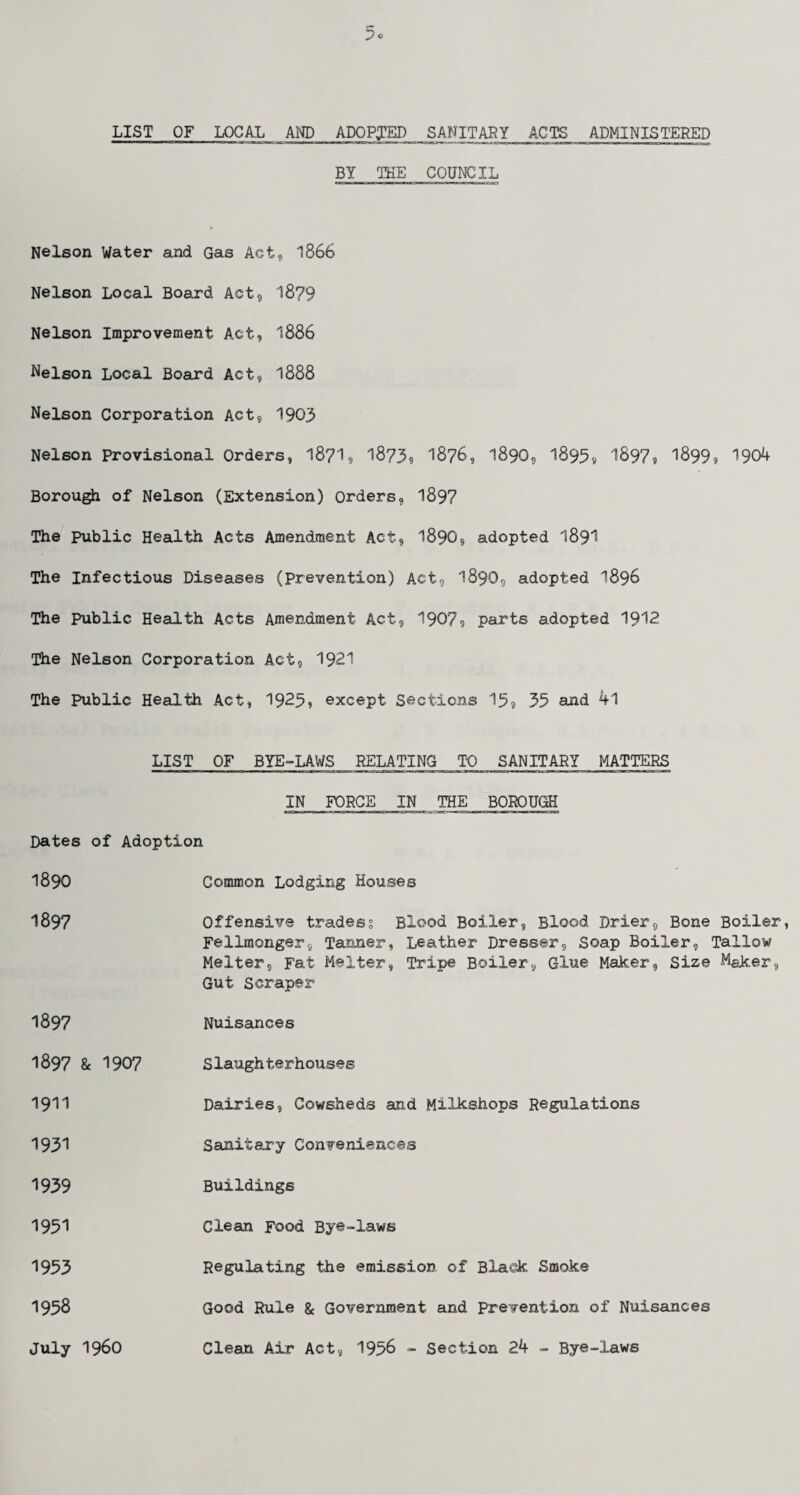 LIST OF LOCAL AND ADOPTED SANITARY ACTS ADMINISTERED BY THE COUNCIL Nelson Water and Gas Act, 1866 Nelson Local Board Act, 1879 Nelson Improvement Act, 1886 Nelson Local Board Act, 1888 Nelson Corporation Act, 1903 Nelson Provisional Orders, l8?1, 1873, 1876, 1890, 1895, 1897, 1899, 1904 Borough of Nelson (Extension) Orders, 1897 The Public Health Acts Amendment Act, 1890, adopted I89I The Infectious Diseases (Prevention) Act, I89O, adopted 1896 The Public Health Acts Amendment Act, 1907, parts adopted 1912 The Nelson Corporation Act, 1921 The Public Health Act, 1925? except Sections 15, 35 and 4l LIST OF BYE-LAWS RELATING TO SANITARY MATTERS IN FORCE IN THE BOROUGH Dates of Adoption 1890 1897 1897 1897 & 1907 1911 1931 1939 1951 Common Lodging Houses Offensive trades? Blood Boiler, Blood Drier, Bone Boiler, Fellmonger, Tanner, Leather Dresser, Soap Boiler, Tallow Melter, Fat Melter, Tripe Boiler, Glue Maker, Size Maker, Gut Scraper Nuisances Slaughterhouses Dairies, Cowsheds and Milkshops Regulations Sanitary Conveniences Buildings Clean Food Bye-laws 1953 1958 July i960 Regulating the emission of Black Smoke Good Rule & Government and Prevention of Nuisances Clean Air Act, 1956 - Section 24 - Bye-laws