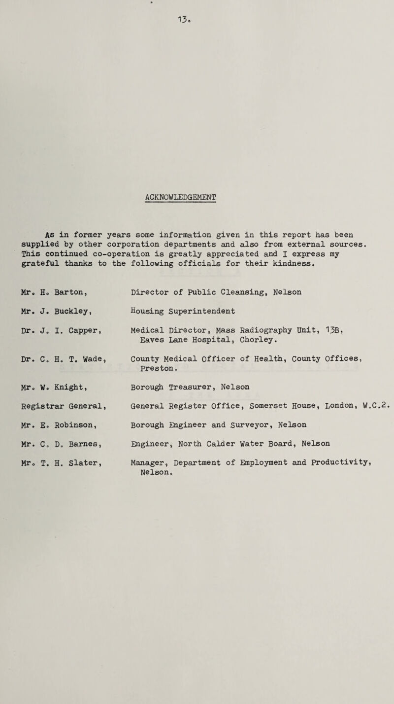 ACKNOWLEDGEMENT As in former years some information given in this report has been supplied by other corporation departments and also from external sources. This continued co-operation is greatly appreciated and I express my grateful thanks to the following officials for their kindness. Mr. Ho Barton, Director of Public Cleansing, Nelson Mr. J. Buckley, Housing Superintendent Dr. J. I. Capper, Medical Director, Mass Radiography Unit, 13B, Eaves Lane Hospital, Chorley. Dr. C. H. T„ Wade, County Medical Officer of Health, County Offices, Mr. W. Knight, Preston. Borough Treasurer, Nelson Registrar General, General Register Office, Somerset House, London, W.C. Mr. E. Robinson, Borough Engineer and Surveyor, Nelson Mr. C. D. Barnes, Engineer, North Calder Water Board, Nelson Mr. T. H. Slater, Manager, Department of Employment and Productivity, Nelson.