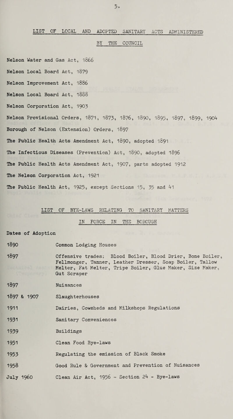 LIST OF LOCAL AND ADOPTED SANITARY ACTS ADMINISTERED BY THE COUNCIL Nelson Water and Gas Act, 1866 Nelson Local Board Act, l8?9 Nelson Improvement Act, 1886 Nelson Local Board Act, 1888 Nelson Corporation Act, 1903 Nelson Provisional Orders, l8?1, 1873, 1876, 1890, 1895, 1897, 1899, 1904 Borough of Nelson (Extension) Orders, 1897 The Public Health Acts Amendment Act, 189O, adopted 1891 The Infectious Diseases (Prevention) Act, 1890, adopted 1896 The Public Health Acts Amendment Act, 1907, parts adopted 1912 The Nelson Corporation Act, 1921 The Public Health Act, 1925? except Sections 15, 35 and 4l LIST OF BYE-LAWS RELATING TO SANITARY MATTERS IN FORCE IN THE BOROUGH Dates of Adoption 1890 Common Lodging Houses 1897 Offensive trades: Blood Boiler, Blood Drier, Bone Boiler, Fellmonger, Tanner, Leather Dresser, Soap Boiler, Tallow Melter, Fat Melter, Tripe Boiler, Glue Maker, Size Maker, Gut Scraper 1897 Nuisances 1897 & 1907 Slaughterhouses 1911 Dairies, Cowsheds and Milkshops Regulations 1931 1939 1951 1953 1958 July I960 Sanitary Conveniences Buildings Clean Food Bye-laws Regulating the emission of Black Smoke Good Rule & Government and Prevention of Nuisances Clean Air Act, 1956 - Section 24 - Bye-laws