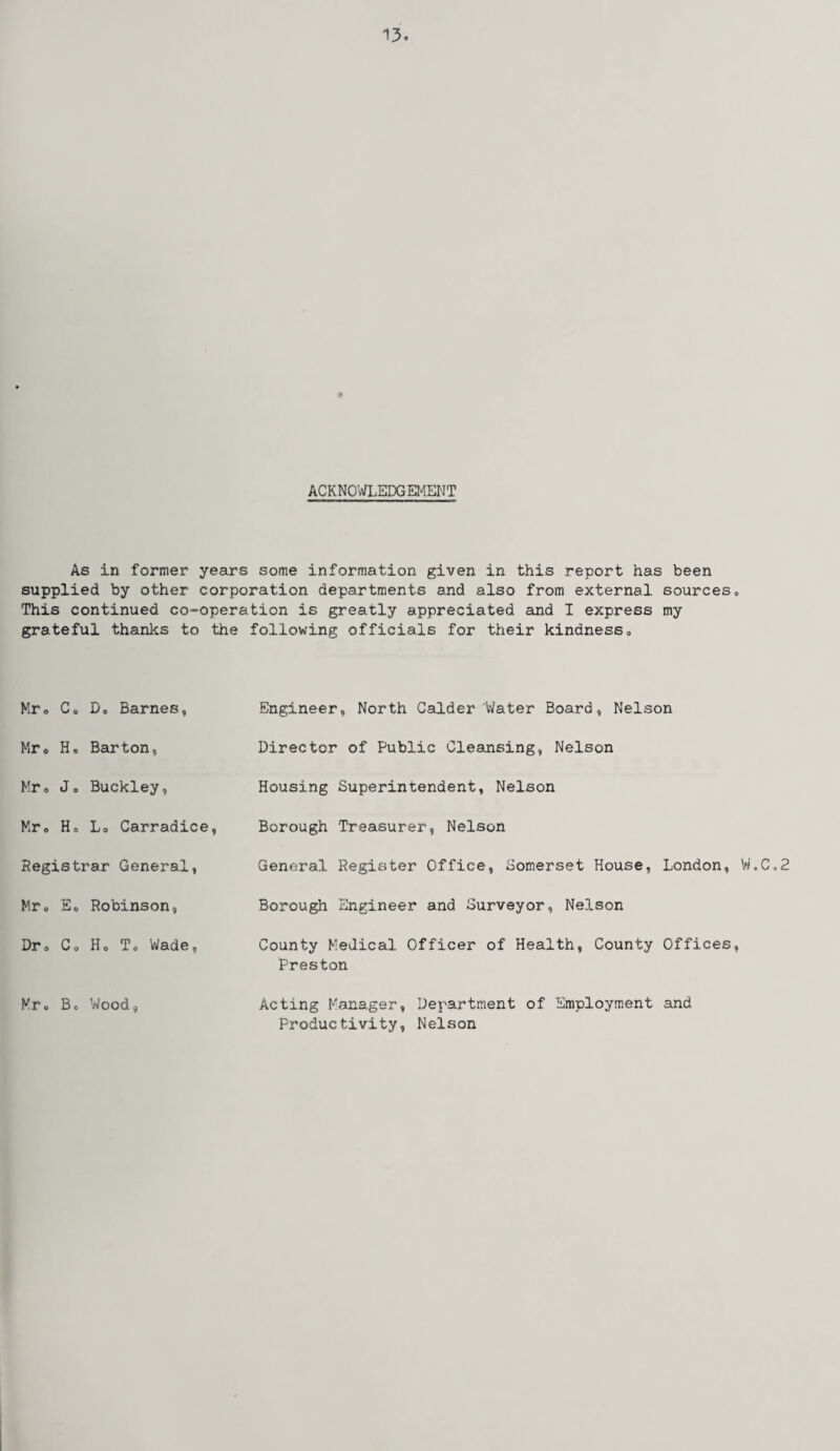 9 ACKNOWLEDGEMENT As in former years some information given in this report has been supplied by other corporation departments and also from external sources. This continued co-operation is greatly appreciated and I express my grateful thanks to the following officials for their kindness,, Mr» Co Do Barnes, Mre Ho Barton, Mr<> Jo Buckley, Mr0 Ho Lo Carradice, Registrar General, Mr, E0 Robinson, Dr0 Co Ho To Wade, Kr» Bo Wood, Engineer, North Calder Water Board, Nelson Director of Public Cleansing, Nelson Housing Superintendent, Nelson Borough Treasurer, Nelson General Register Office, Somerset House, London, W.C.2 Borough Engineer and Surveyor, Nelson County Medical Officer of Health, County Offices, Preston Acting Manager, Department of Employment and Productivity, Nelson