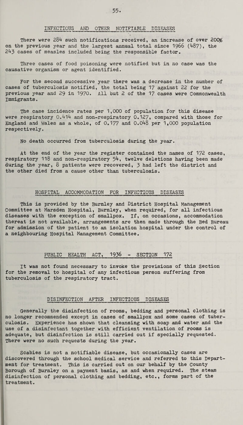 INFECTIOUS AND OTHER NOTIFIABLE DISEASES There were 284 such notifications received, an increase of over 200$ on the previous year and the largest annual total since 1966 (487), the 243 cases of measles included being the responsible factor. Three cases of food poisoning were notified but in no case was the causative organism or agent identified. For the second successive year there was a decrease in the number of cases of tuberculosis notified, the total being 17 against 22 for the previous year and 29 in 1970. All but 2 of the 17 cases were Commonwealth Immigrants. The case incidence rates per 1,000 of population for this disease were respiratory 0.414 and non-respiratory 0.127, compared with those for England and Wales as a whole, of 0.177 and 0.048 per 1,000 population respectively. No death occurred from tuberculosis during the year. At the end of the year the register contained the names of 172 cases, respiratory 118 and non-respiratory 54, twelve deletions having been made during the year, 8 patients were recovered, 3 had left the district and the other died from a cause other than tuberculosis. HOSPITAL ACCOMMODATION FOR INFECTIOUS DISEASES This is provided by the Burnley and District Hospital Management Committee at Marsden Hospital, Burnley, when required, for all infectious diseases with the exception of smallpox. If, on occasions, accommodation thereat is not available, arrangements are then made through the Bed Bureau for admission of the patient to an isolation hospital under the control of a neighbouring Hospital Management Committee. PUBLIC HEALTH ACT, 1936 - SECTION 172 It was not found necessary to invoke the provisions of this Section for the removal to hospital of any infectious person suffering from tuberculosis of the respiratory tract. DISINFECTION AFTER INFECTIOUS DISEASES Generally the disinfection of rooms, bedding and personal clothing is no longer recommended except in cases of smallpox and some cases of tuber¬ culosis. Experience has shown that cleansing with soap and water and the use of a disinfectant together with efficient ventilation of rooms is adequate, but disinfection is still carried out if specially requested. There were no such requests during the year. Scabies is not a notifiable disease, but occasionally cases are discovered through the school medical service and referred to this Depart¬ ment for treatment. This is carried out on our behalf by the County Borough of Burnley on a payment basis, as and when required. The steam disinfection of personal clothing and bedding, etc., forms part of the treatment.