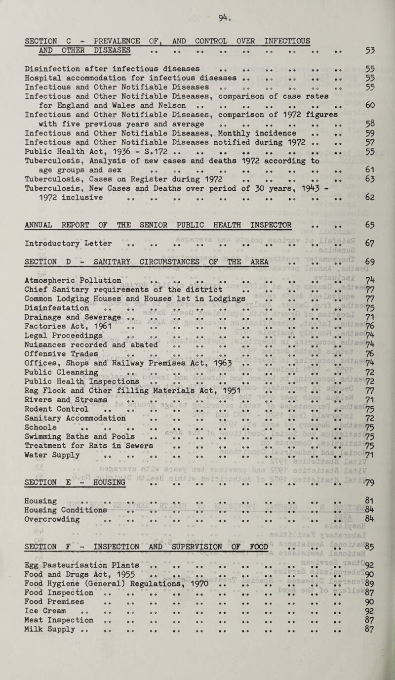 SECTION C - PREVALENCE OF, AND CONTROL OVER INFECTIOUS AND OTHER DISEASES .. .© ©» «. «. ©. .. © © «» 53 Disinfection after infectious diseases „© .. ©. ©. ©. . © 55 Hospital accommodation for infectious diseases .. .» .. .. . © 55 Infectious and Other Notifiable Diseases ©© 0o ©© ©© ©© ©© 55 Infectious and Other Notifiable Diseases, comparison of case rates for England and Wales and Nelson © . ©. .. .. ., .. ... 60 Infectious and Other Notifiable Diseases, comparison of 1972 figures with five previous years and average <>. .. .. .. . © ©. 58 Infectious and Other Notifiable Diseases,. Monthly incidence .. .. 59 Infectious and Other Notifiable Diseases notified during 1972 .. .. 57 Public Health Act, 1936 - S.172 .. 55 Tuberculosis, Analysis of new cases and deaths 1972 according to age groups and sex o o oo «>© © » •« © o • © © o © o 6l Tuberculosis, Cases on Register during 1972 .. .. .. .© .. 63 Tuberculosis, New Cases and Deaths over period of 30 years, 1943 - 1972 inclusive .. «. ©„ .© .. .© .. .© .. .. 62 ANNUAL REPORT OF THE SENIOR PUBLIC HEALTH INSPECTOR Introductory Letter «© .. .. ©. .. .. SECTION D - SANITARY CIRCUMSTANCES OF THE AREA -T r f h Atmospheric Pollution Chief Sanitary requirements of the district Common Lodging Houses and Houses let in Lodgings Disinfestation 00 o© ©c ©o ©© ©« Drainage and Sewerage ., .© »© Factories Act, 1961 Legal Proceedings ©© ©. ©» Nuisances recorded and abated Offensive Trades Offices, Shops and Railway Premises Act, 1963 Public Cleansing .. © © ©. ©. .. Public Health Inspections ©. .© .. Rag Flock and Other filling Materials Act, 1951 Rivers and Streams ' Rodent Control o» «© 00 «© ©o o © Sanitary Accommodation Schools .. »© .© ©. ©. Swimming Baths and Pools .. ©. .. .. Treatment for Rats in Sewers Water Supply ©» V? V - i. : v H SECTION E HOUSING s.i~ Z&s H o o e • 00 o o • o o o o o o o e o o o © o o o • © o o o o a o • O OO 00 00 • • © o Housing .„ Housing Conditions Overcrowding 65 67 69 iQ 74 77 77 75 71 76 74 74 76 74 72 72 77 71 75 72 75 75 75 71 •79 81 84 84 SECTION F INSPECTION AND SUPERVISION OF FOOD Egg Pasteurisation Plants Food and Drugs Act, 1955 Food Hygiene (General) Regulations, 1970 Food Inspection Food Premises .. © © .„ .. Ice Cream .. .© Meat Inspection ©. Milk Supply .. e o o o 85 92 90 89 87 90 92 87 87
