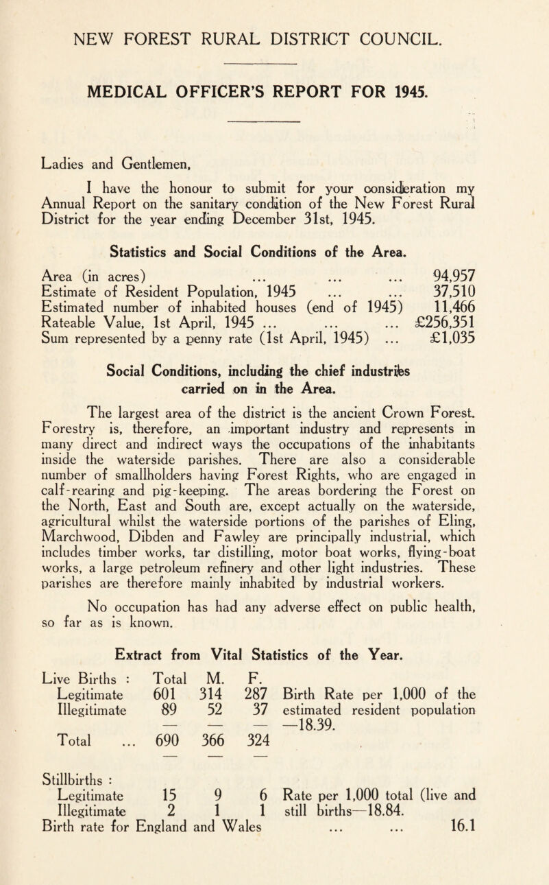 NEW FOREST RURAL DISTRICT COUNCIL. MEDICAL OFFICER’S REPORT FOR 1945. _ • \ Ladies and Gentlemen, I have the honour to submit for your consideration my Annual Report on the sanitary condition of the New Forest Rural District for the year ending December 31st, 1945. Statistics and Social Conditions of the Area. Area (in acres) 94,957 Estimate of Resident Population, 1945 ... ... 37,510 Estimated number of inhabited houses (end of 1945) 11,466 Rateable Value, 1st April, 1945 ... ... ... £256,351 Sum represented by a penny rate (1st April, 1945) ... £1,035 Social Conditions, including the chief industries carried on in the Area. The largest area of the district is the ancient Crown Forest. Forestry is, therefore, an important industry and represents in many direct and indirect ways the occupations of the inhabitants inside the waterside parishes. There are also a considerable number of smallholders having Forest Rights, who are engaged in calf -rearing and pig-keeping. The areas bordering the Forest on the North, East and South are, except actually on the waterside, agricultural whilst the waterside portions of the parishes of Eling, March wood, Dibden and Fawley are principally industrial, which includes timber works, tar distilling, motor boat works, flying-boat works, a large petroleum refinery and other light industries. These parishes are therefore mainly inhabited by industrial workers. No occupation has had any adverse effect on public health, so far as is known. Extract from Vital Statistics of the Year. Live Births : Total M. F. Legitimate 601 314 287 Birth Rate per 1,000 of the Illegitimate 89 52 37 estimated resident population — — — —18.39. Total 690 366 324 • Stillbirths : Legitimate 15 9 6 Rate per 1,000 total (live and Illegitimate 2 1 1 still births—18.84. Birth rate for England and Wales . 16.1